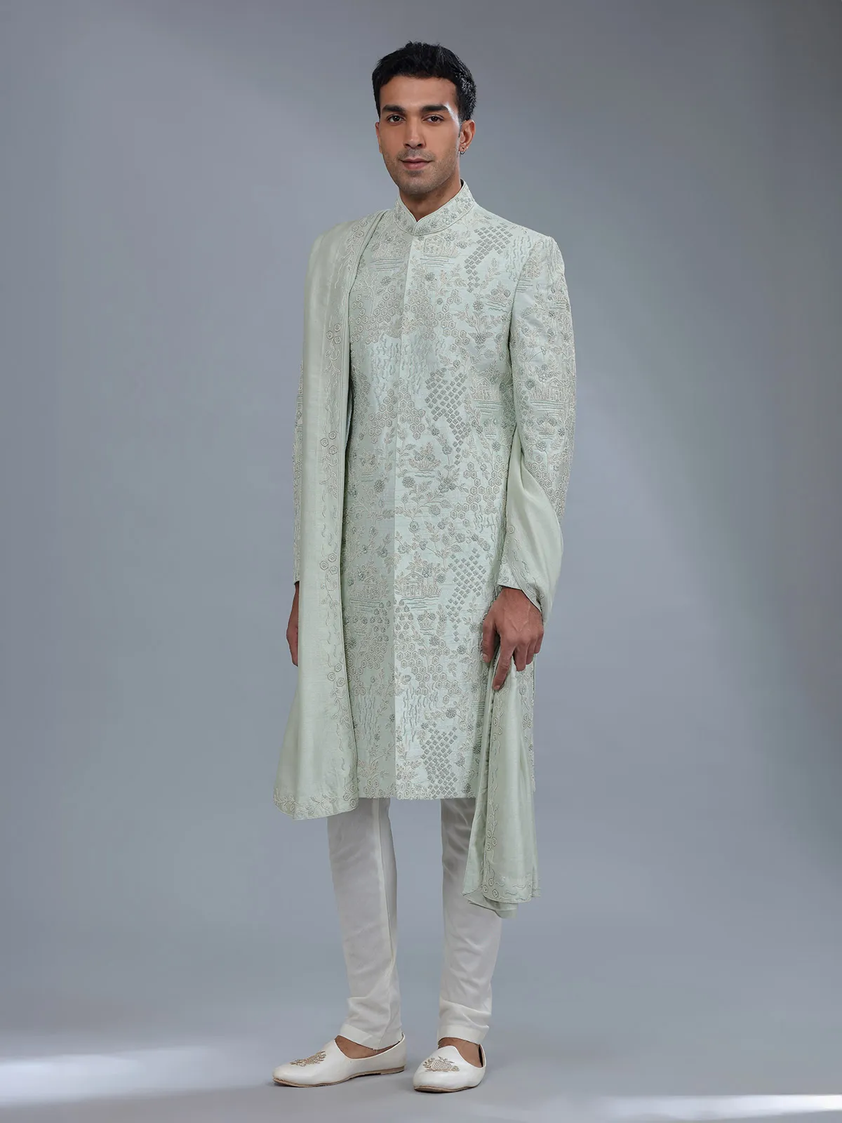 Fabulous light green raw silk sherwani for groom