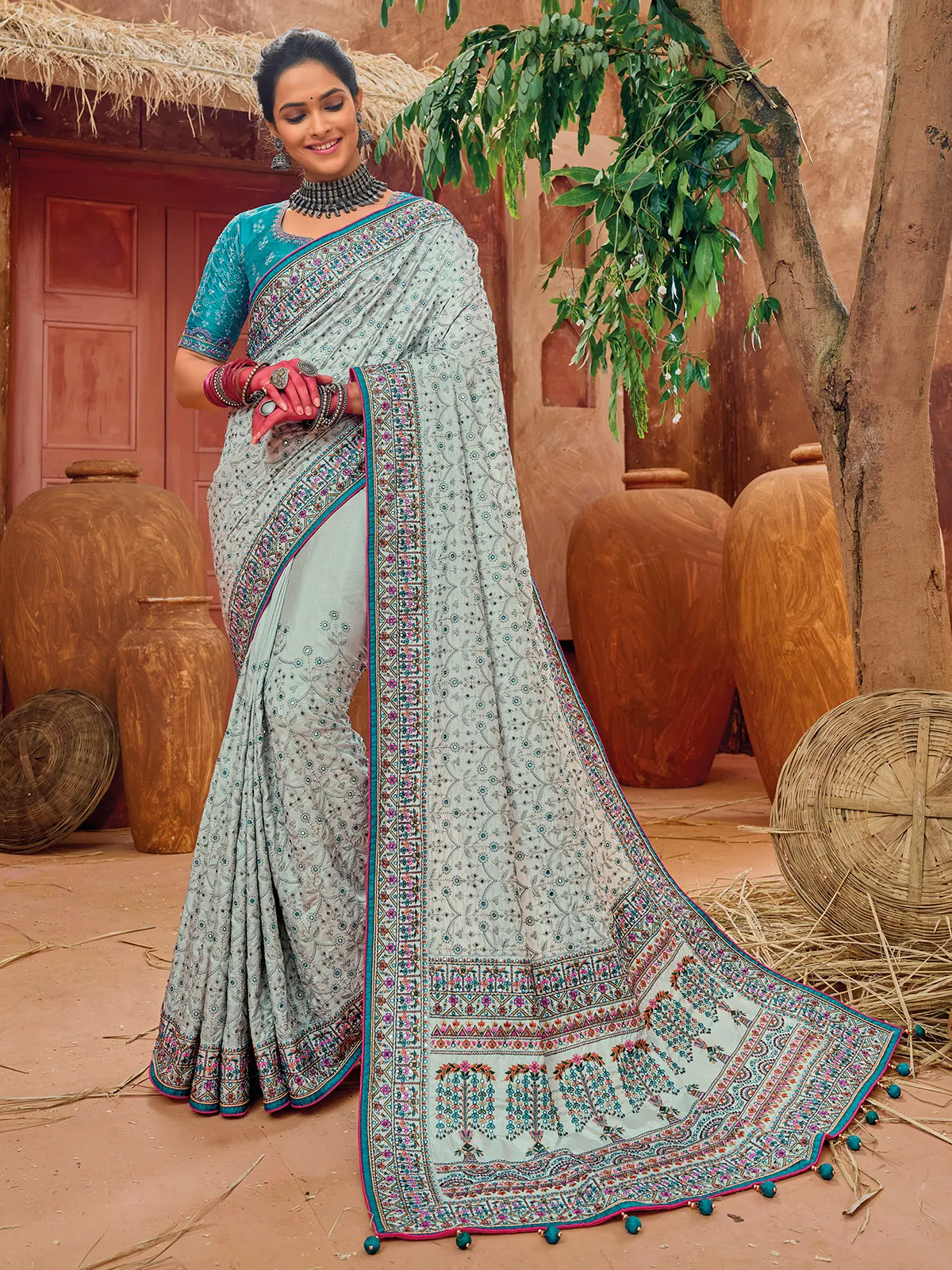 Fabulous light grey banarasi silk saree