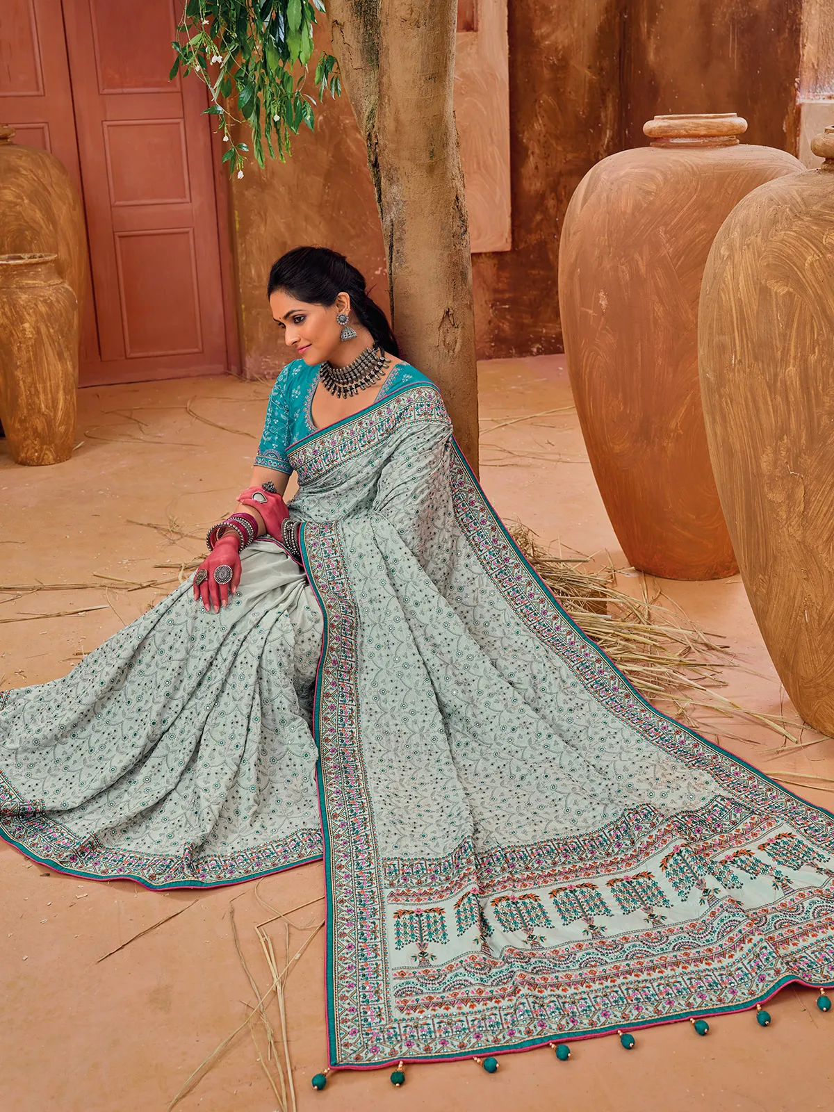 Fabulous light grey banarasi silk saree