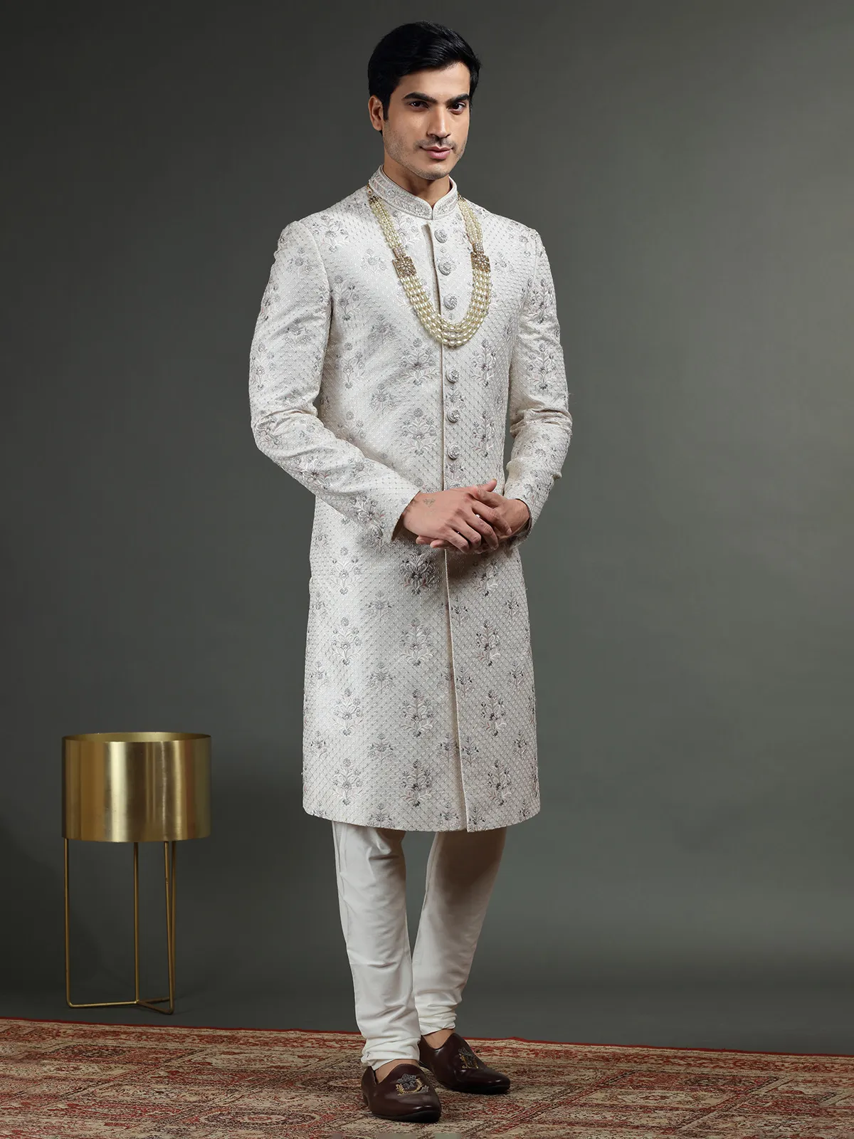 Fabulous off white raw silk sherwani