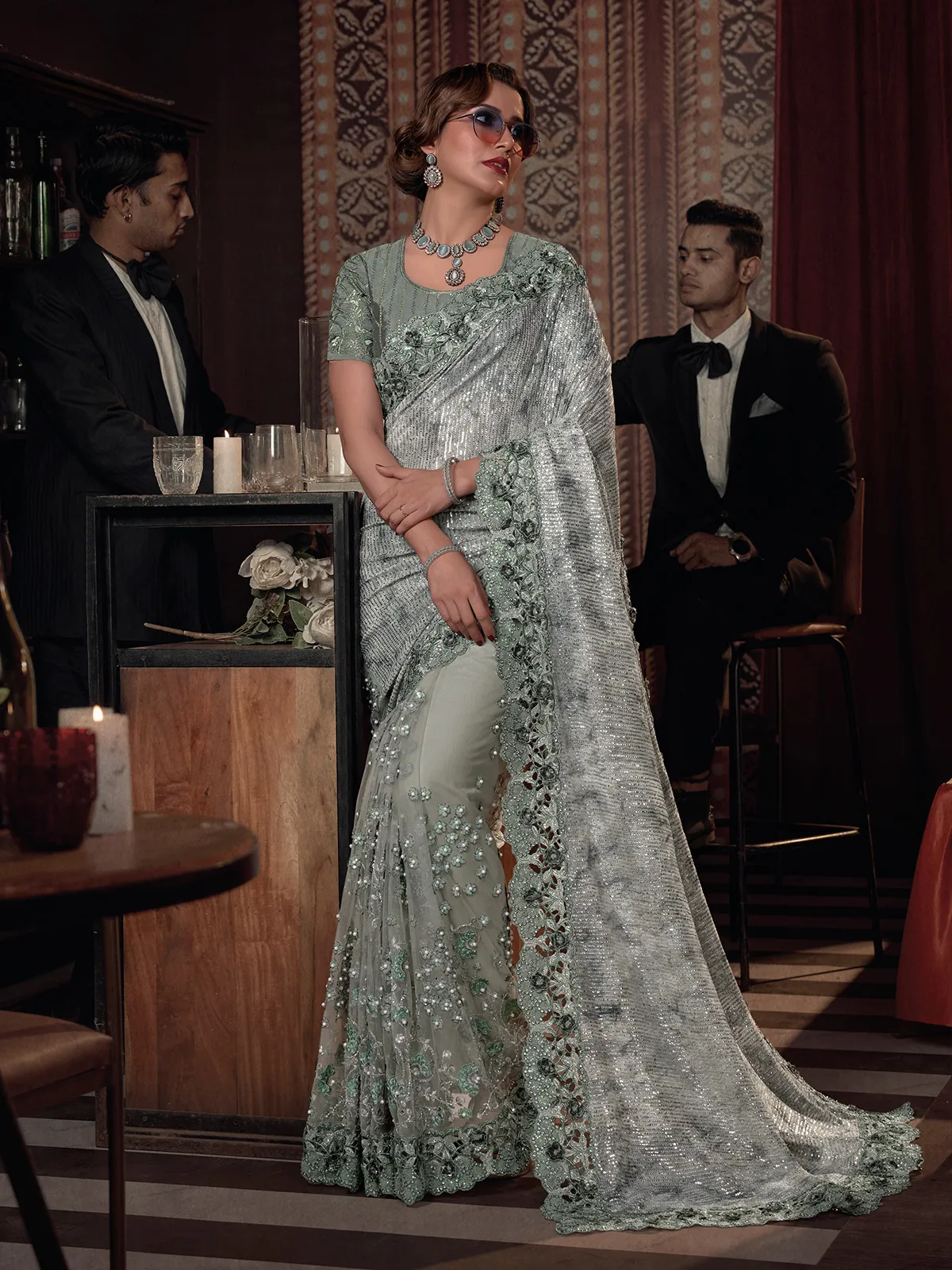 Fabulous sage green net saree