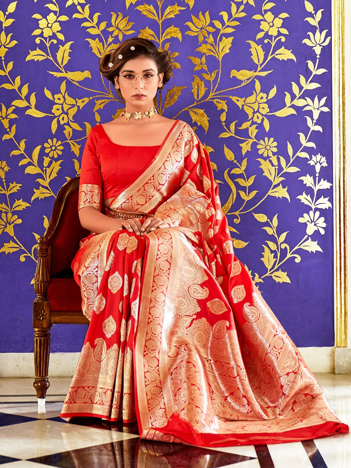 Fashionable red banarasi silk saree