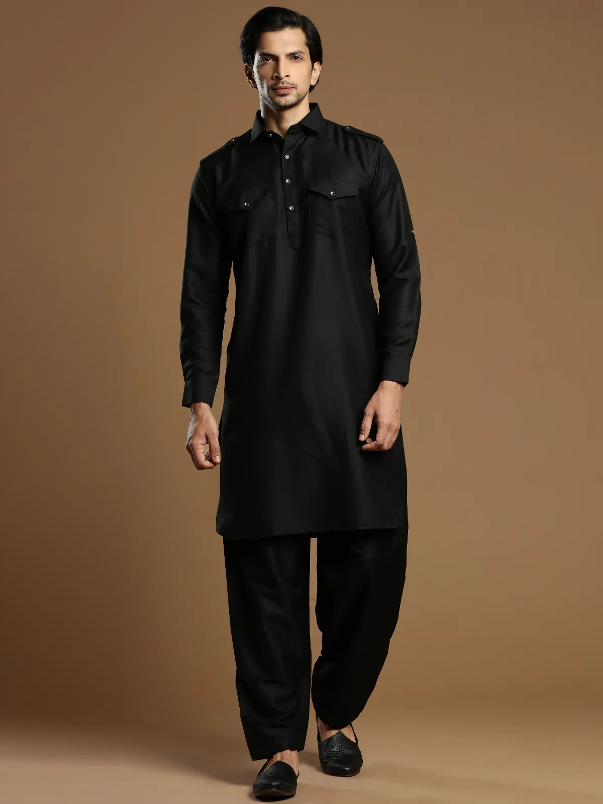 Father son black festive occasions cotton silk pathani suit