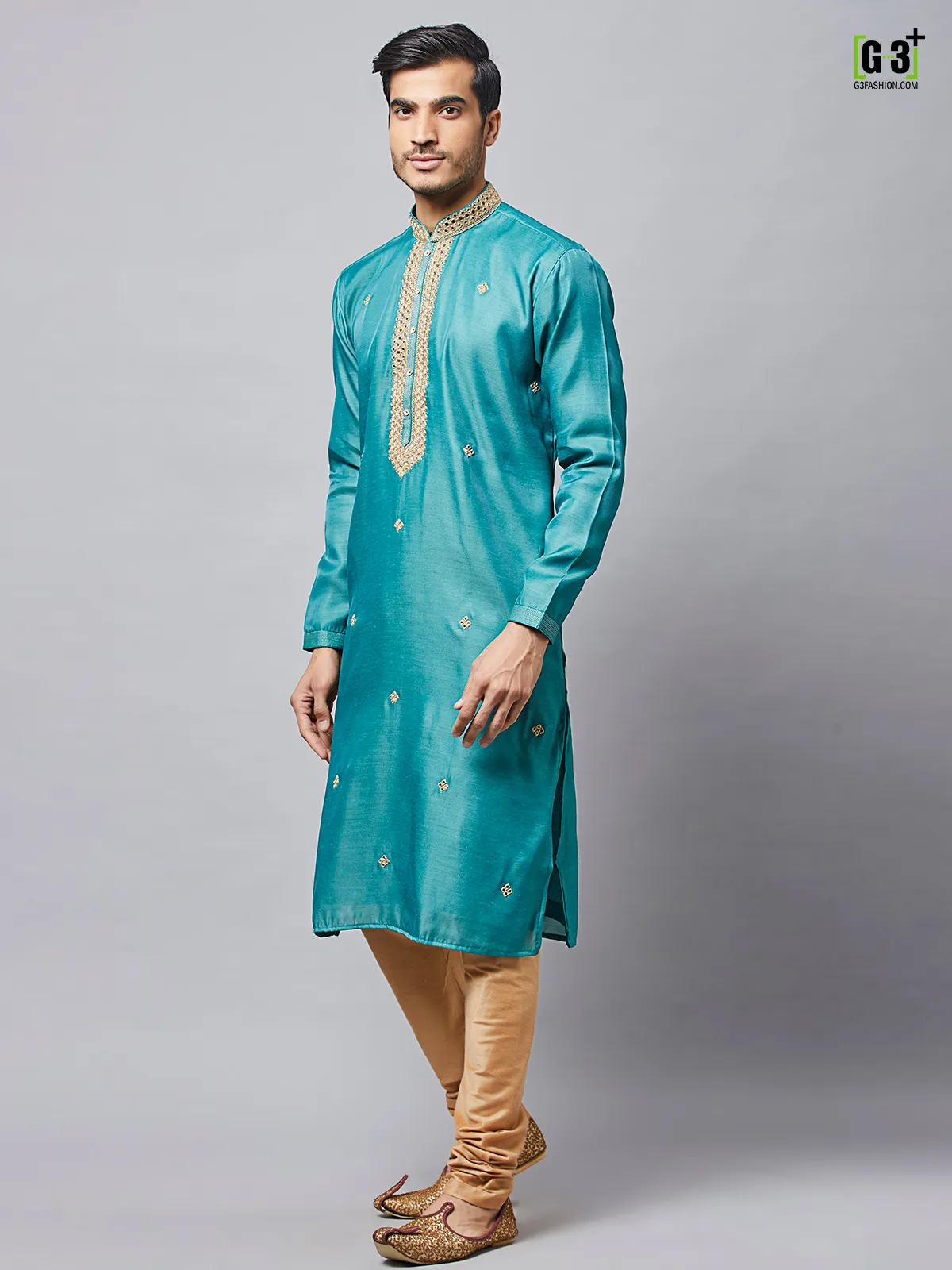 Festive event teal blue silk kurta set for mens