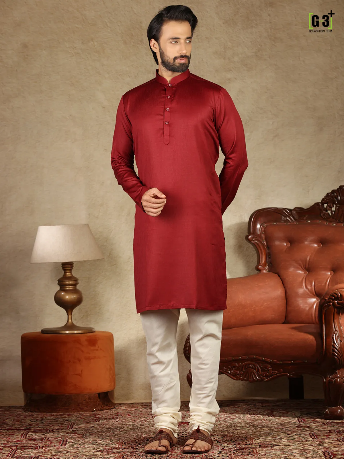 Festive function solid maroon cotton kurta suit