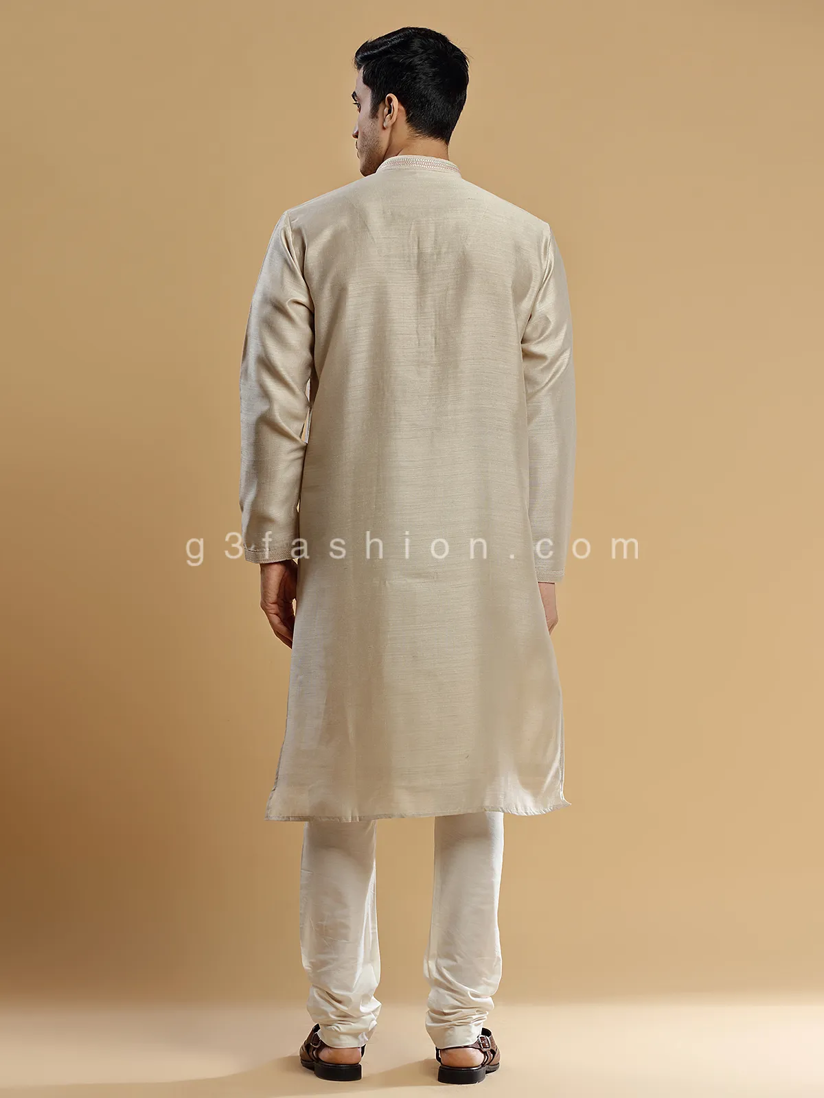 Festive look beige silk men kurta suit