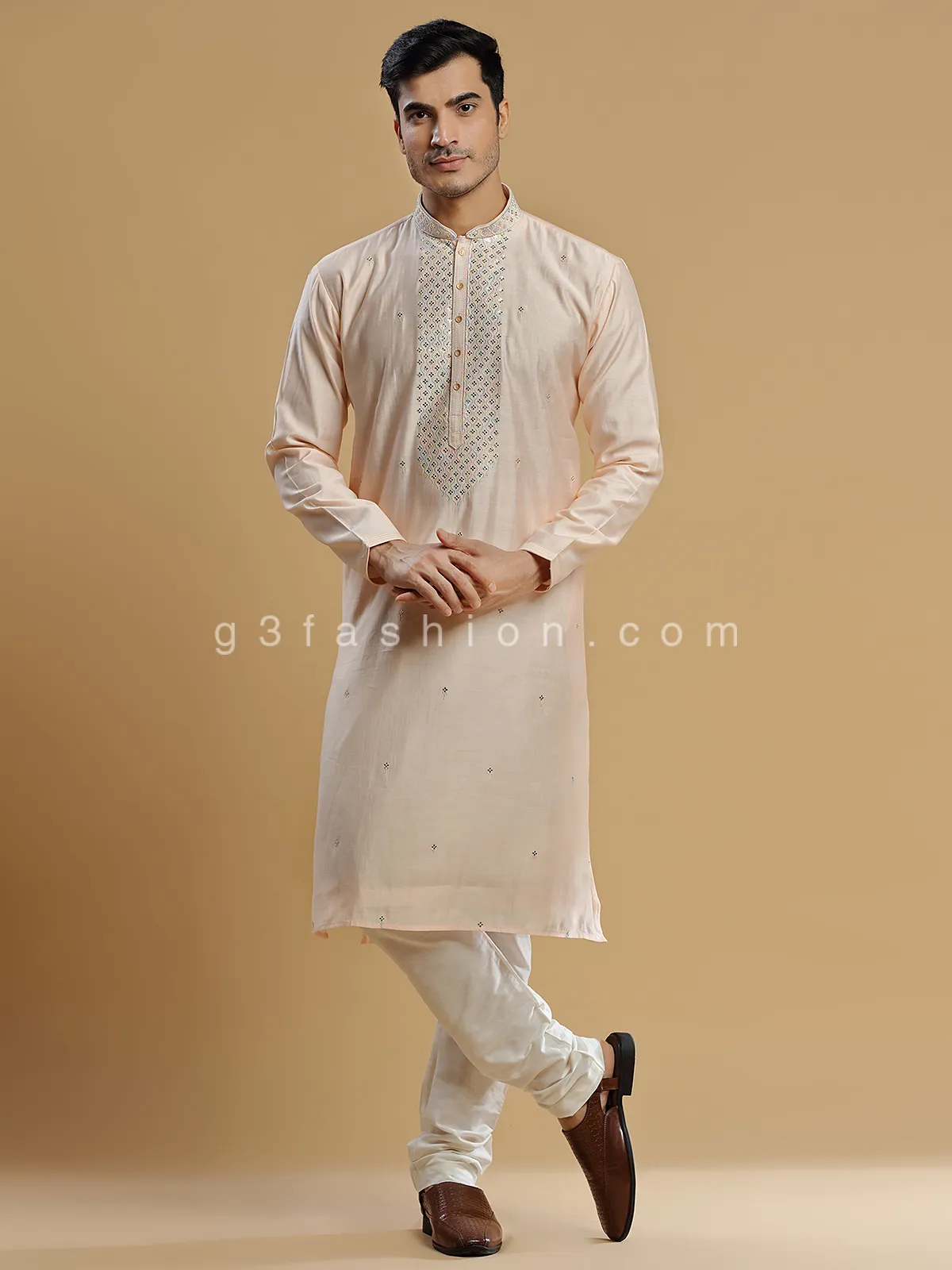 Festive look peach silk  Men Kurta pajama