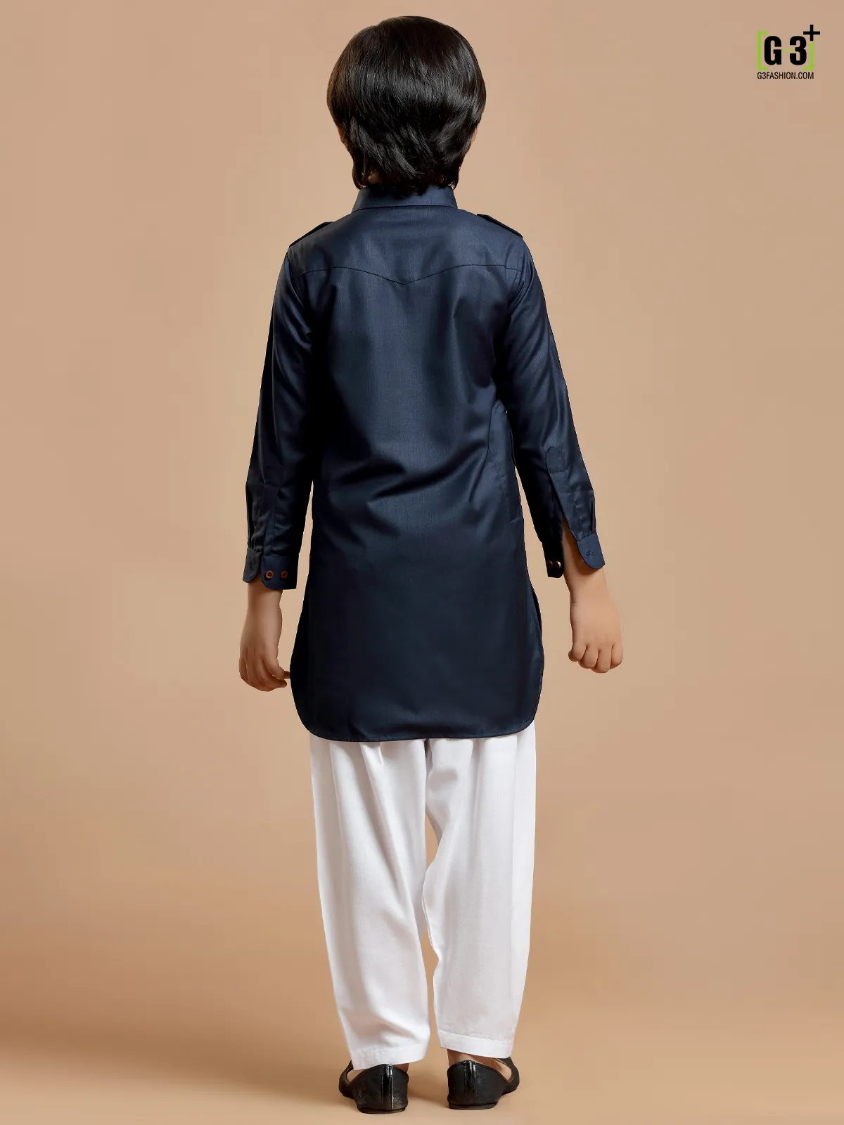 Festive navy plain cotton silk boys pathani suit