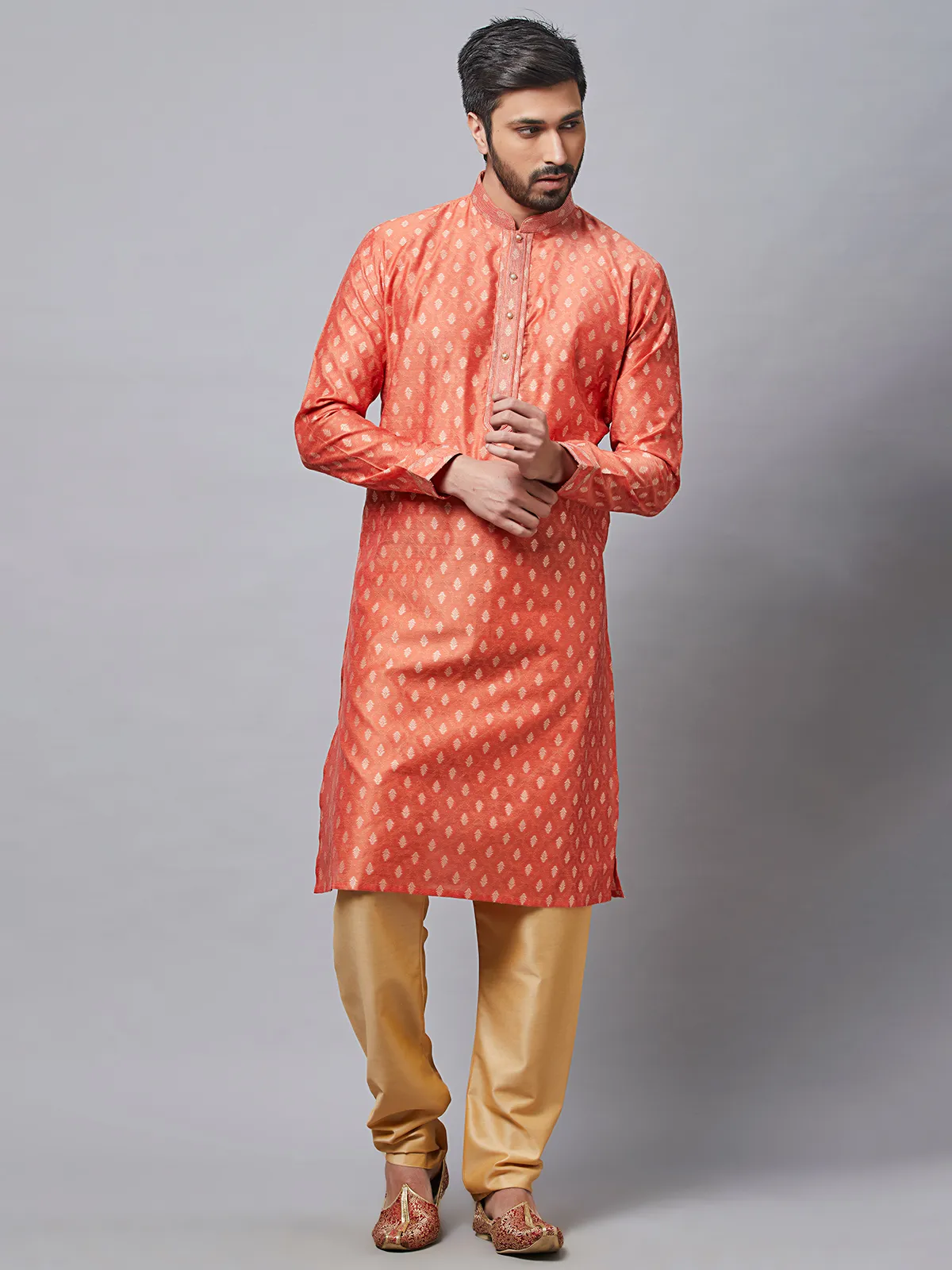 Festive rust orange cotton silk kurta for mens