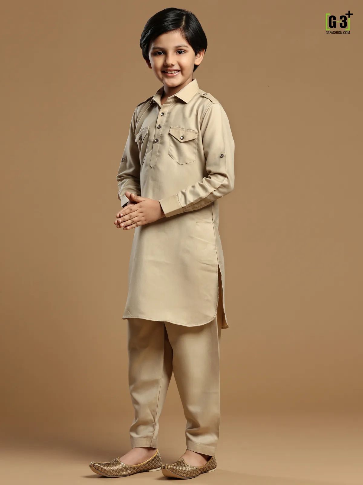 Festive wear beige plain cotton silk pathani suit