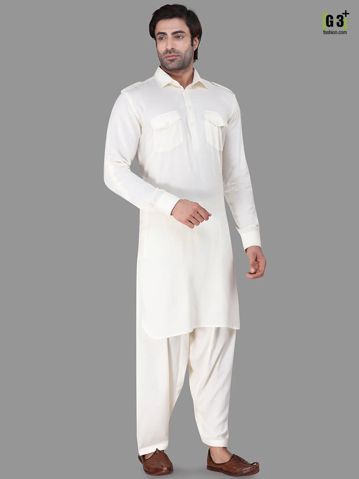 Festive wear cream collar rayon pathani suit