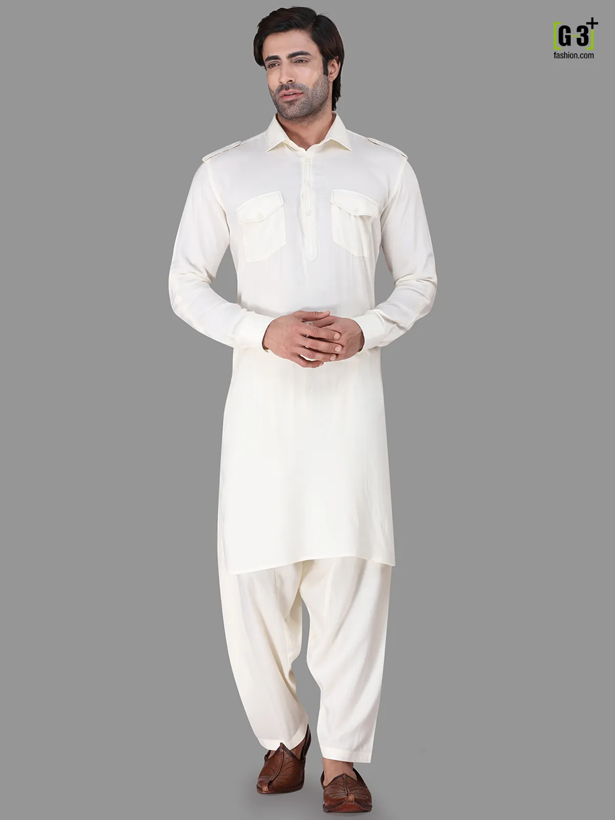Festive wear cream collar rayon pathani suit