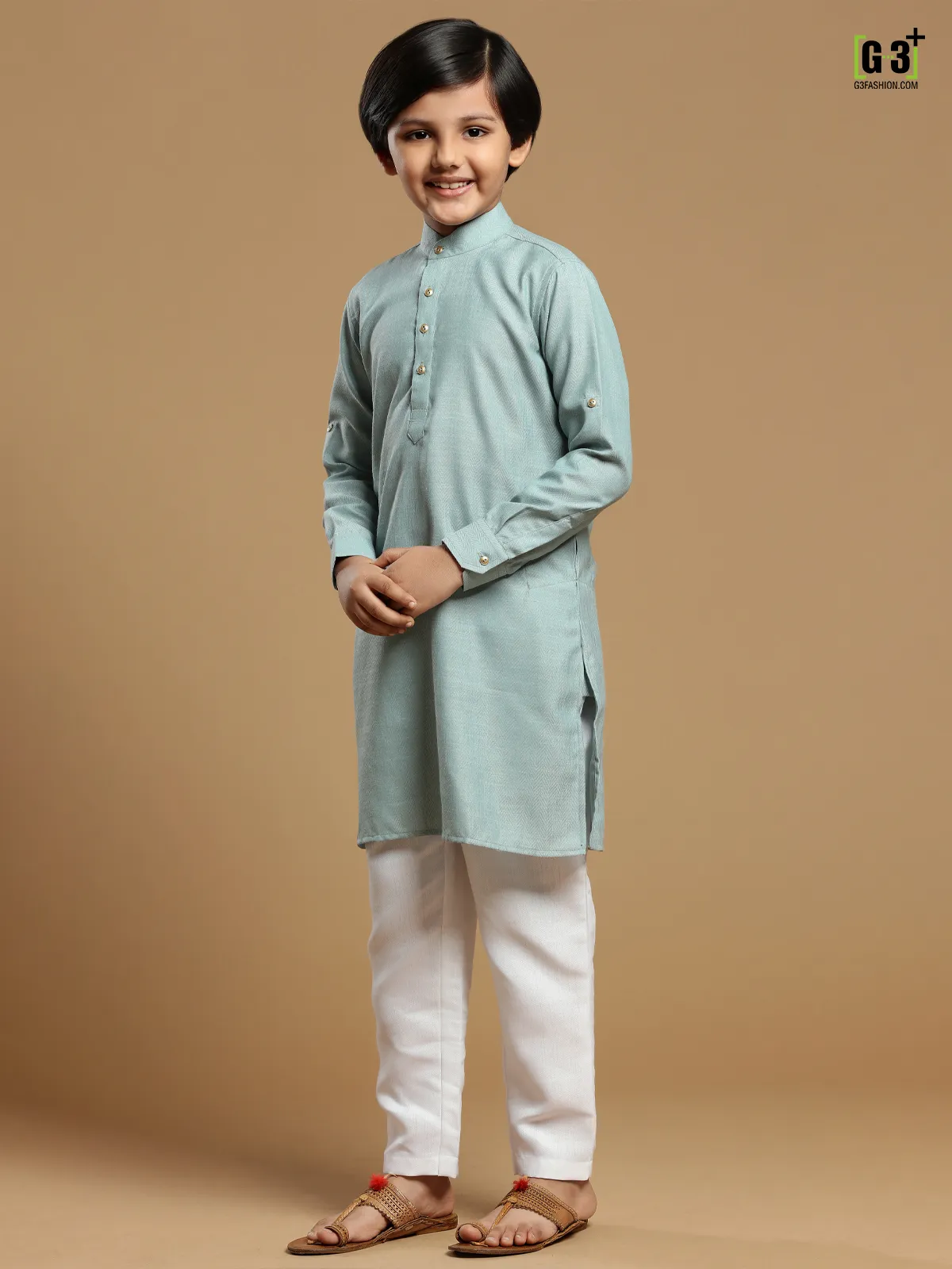 Festive wear mint green solid cotton boys kurta suit