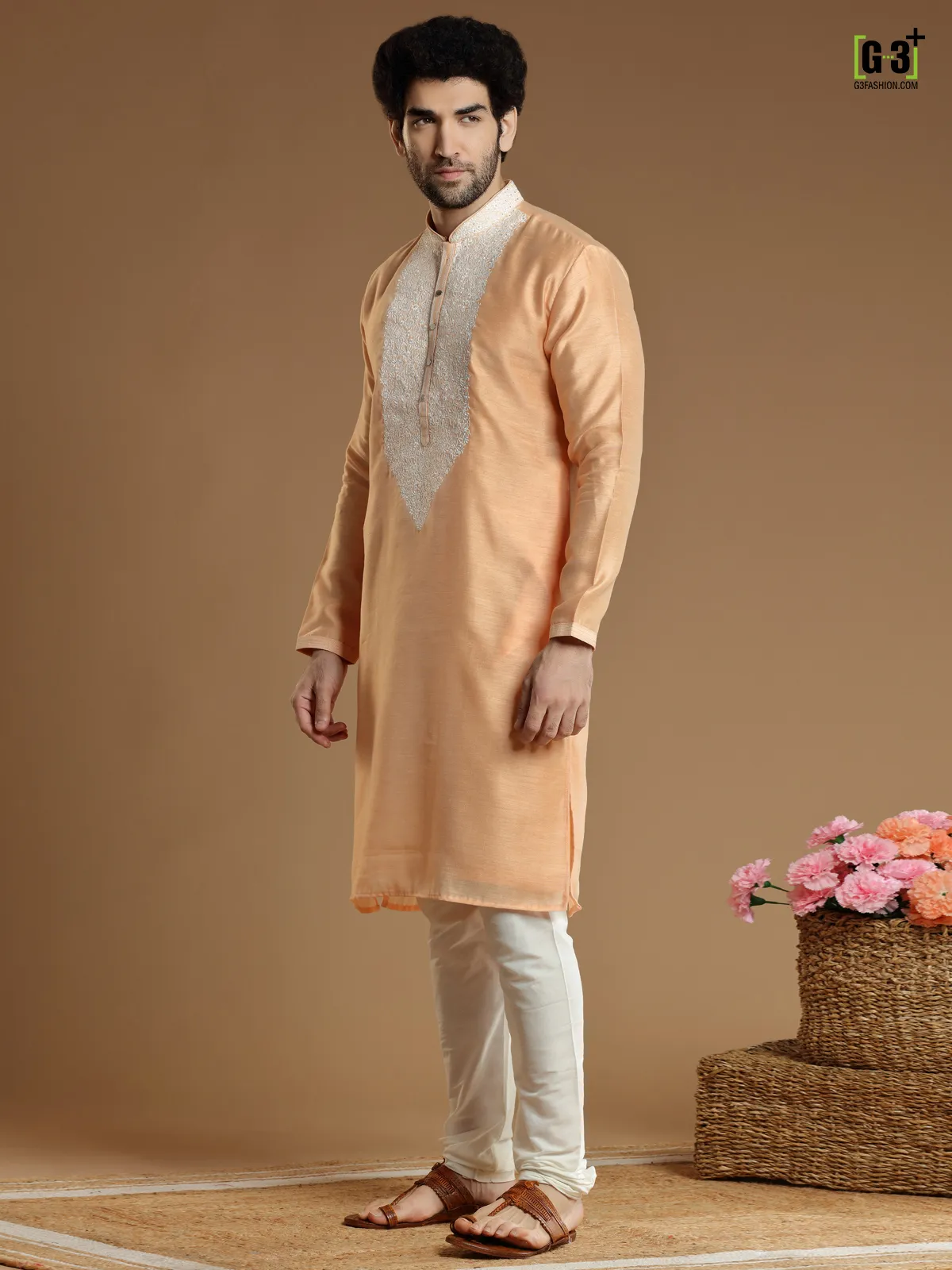 Festive wear peach color silk  Men Kurta pajama