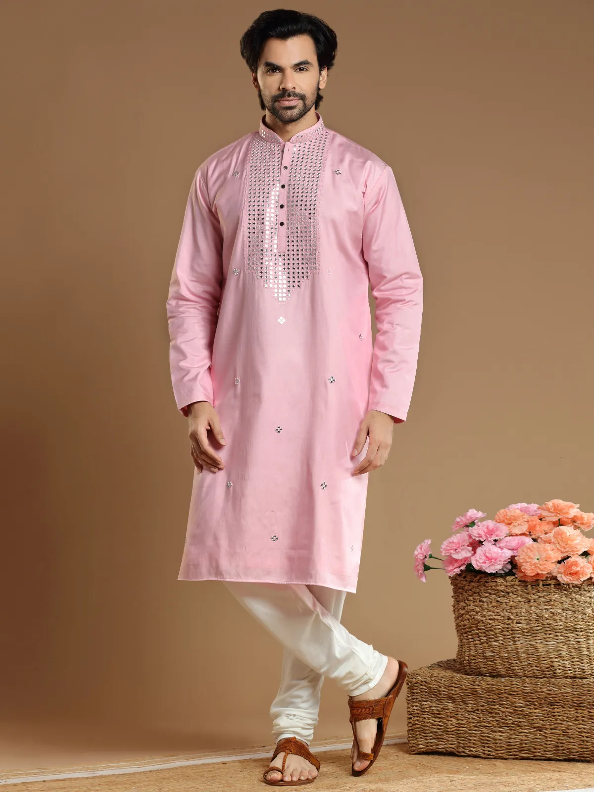 Festive wear pink kurta suit in cotton silk