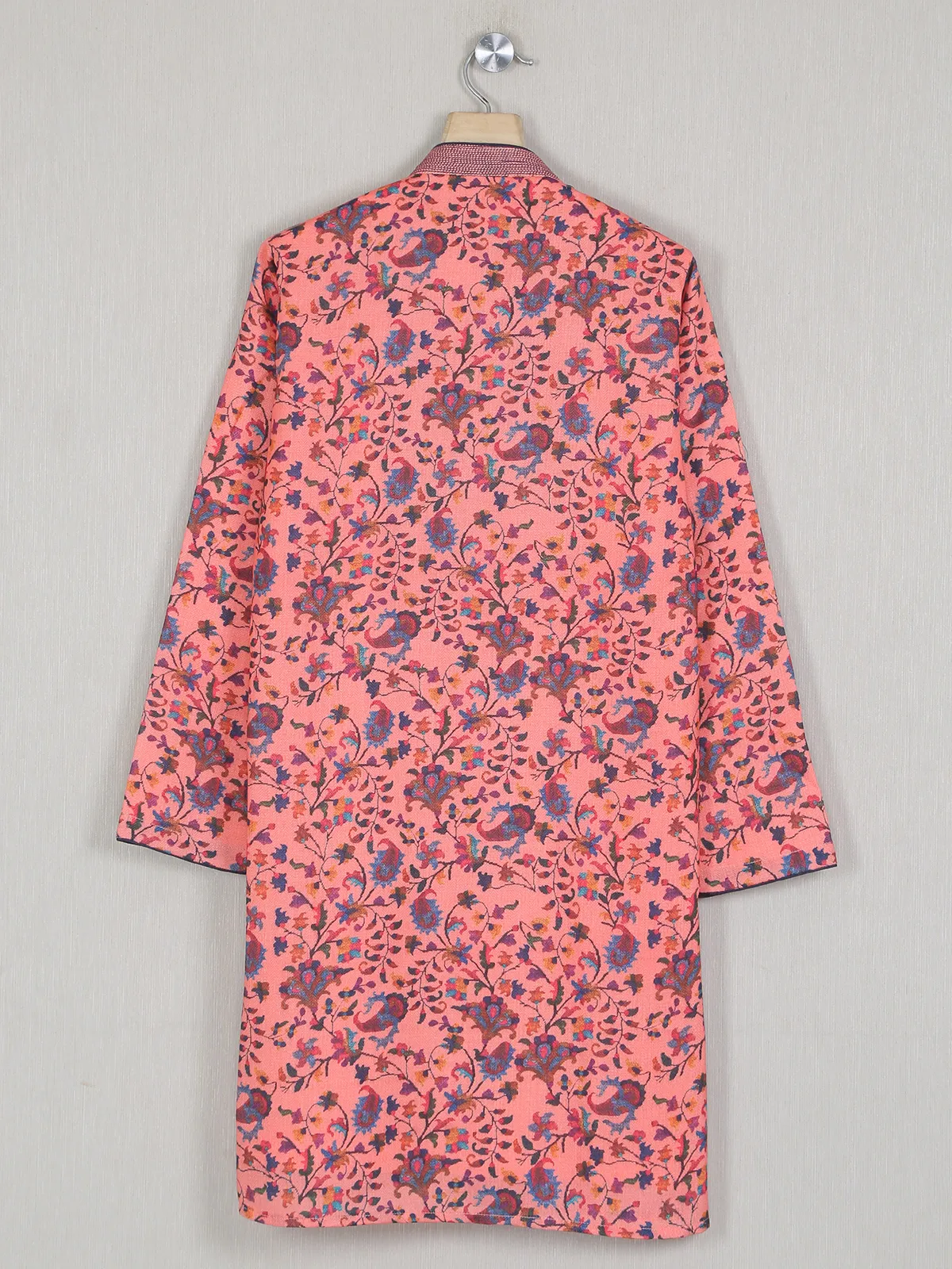 Festive wear printed peach color cotton kurta suit