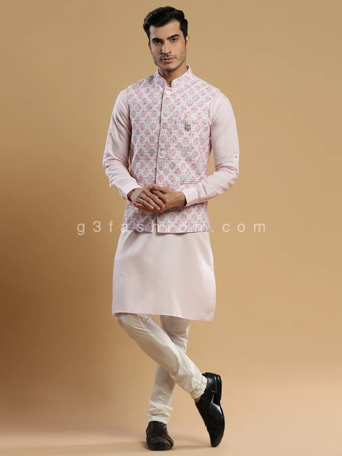 Festive wear silk waistcoat set in pink and cream
