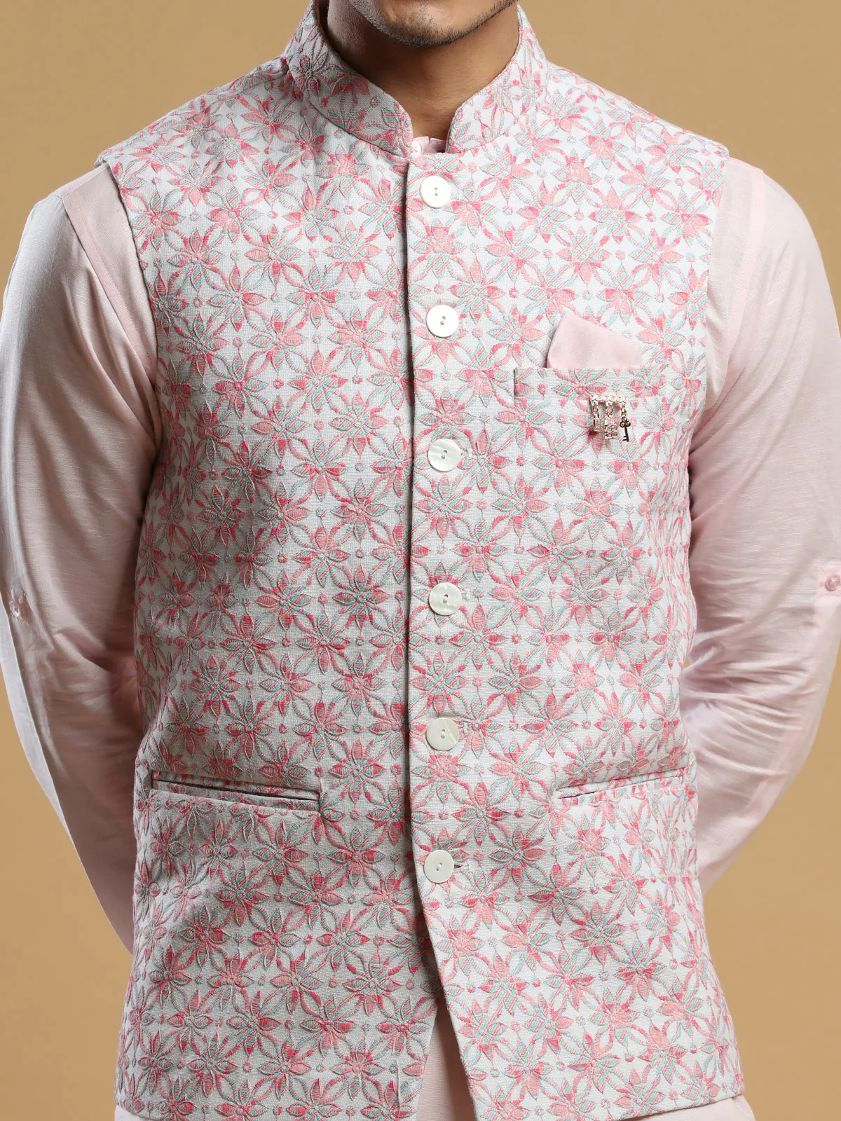 Festive wear silk waistcoat set in pink and cream