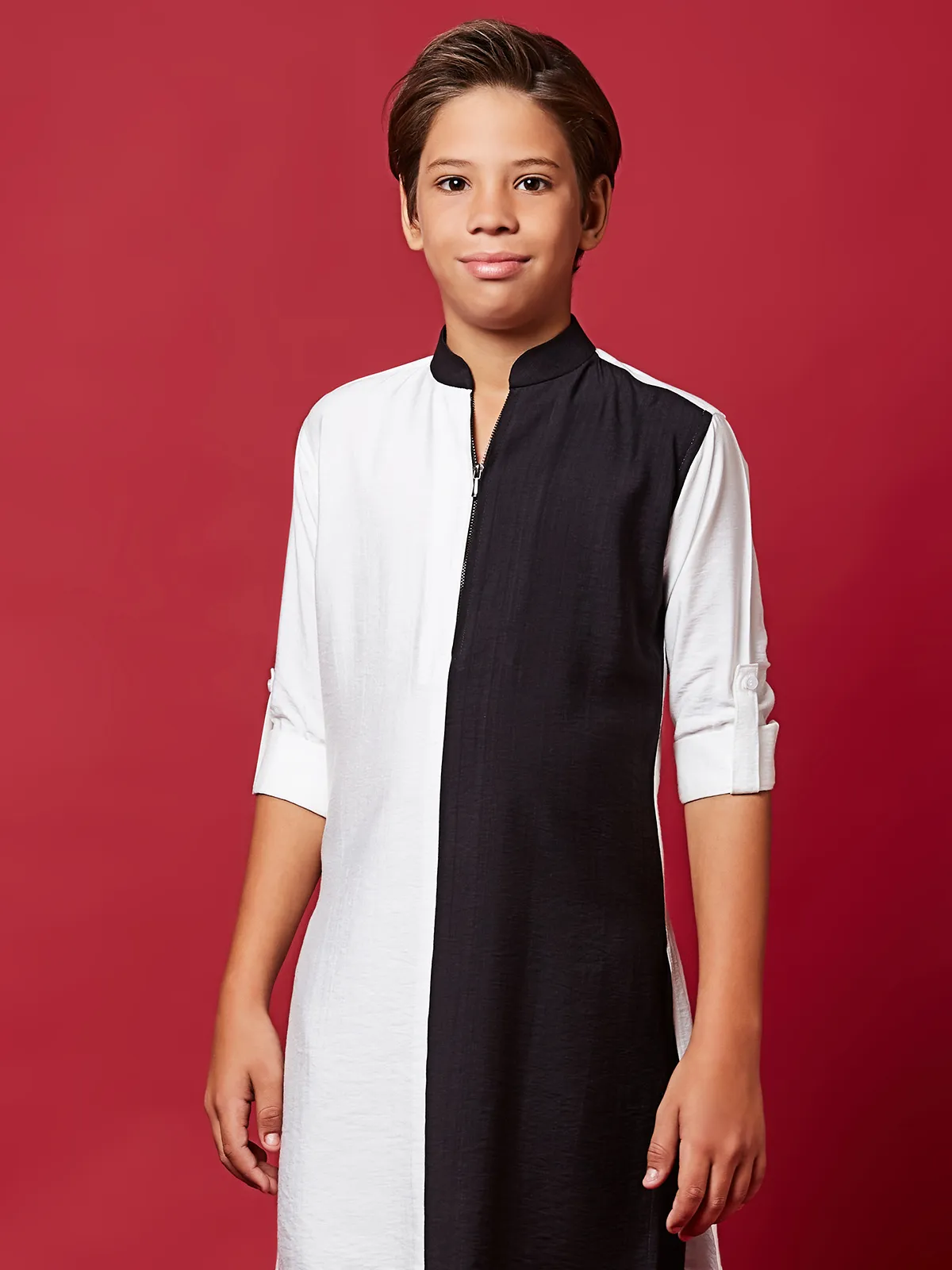 Festive wear white and black silk kurta suit