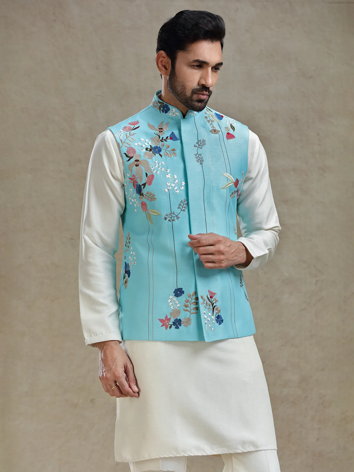 Firozi blue linen silk embroideried kurta jacket set