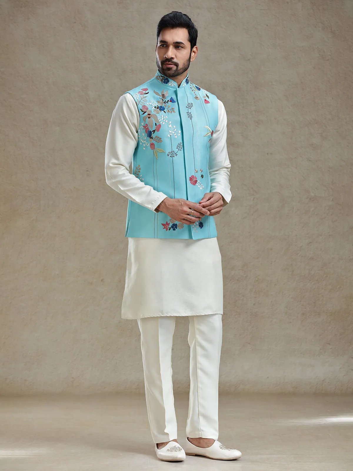 Firozi blue linen silk embroideried kurta jacket set