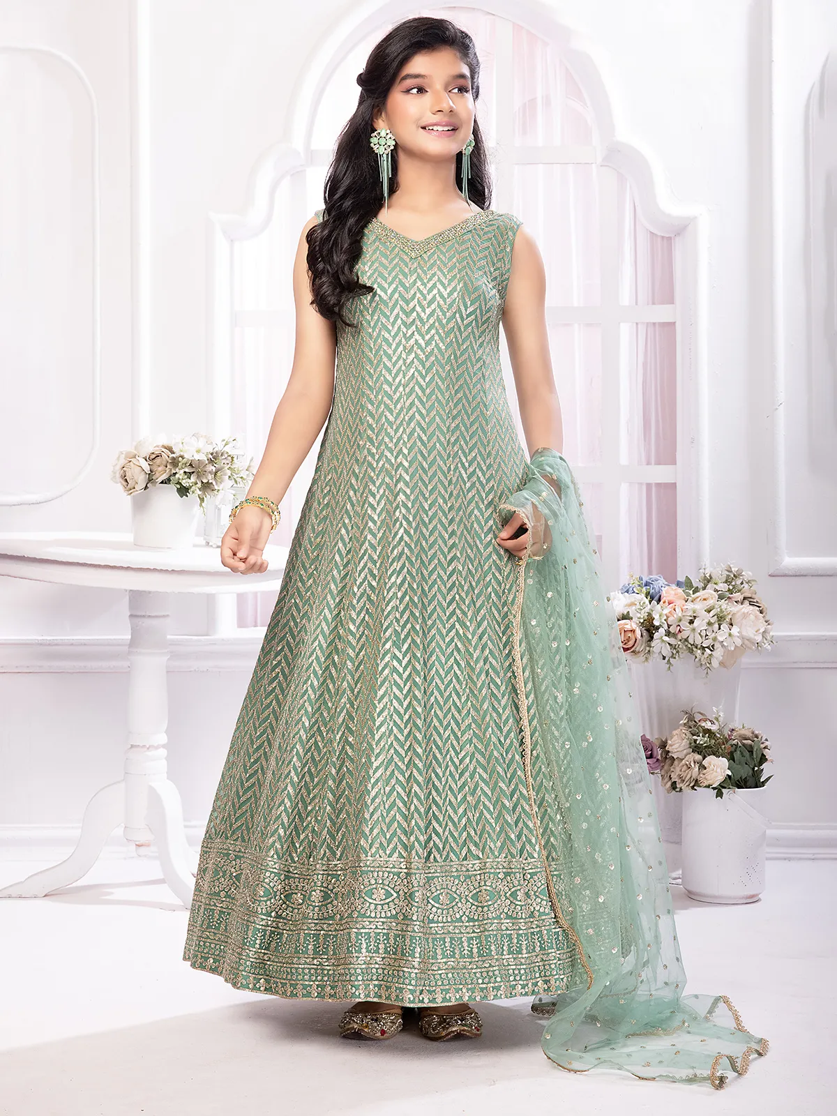 Floor length georgtte pista green anarkali salwar suit