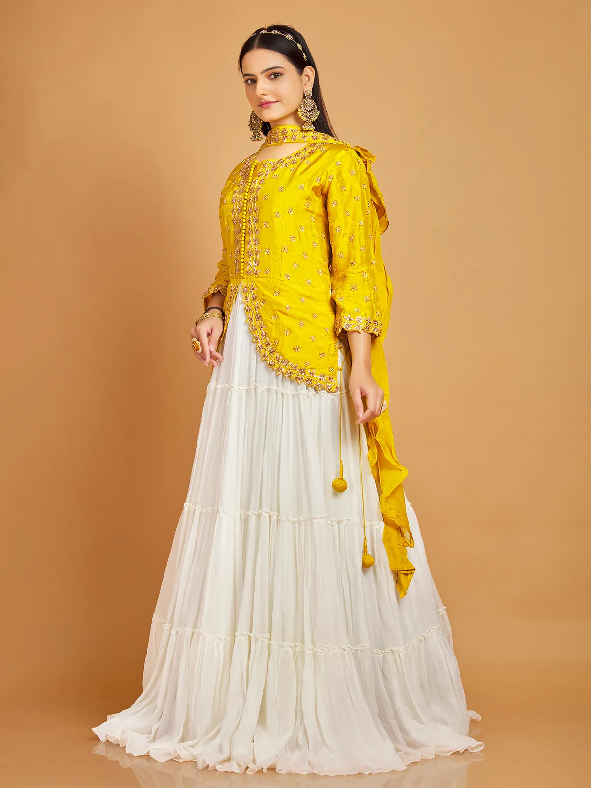 Floor length suit in yellow and white