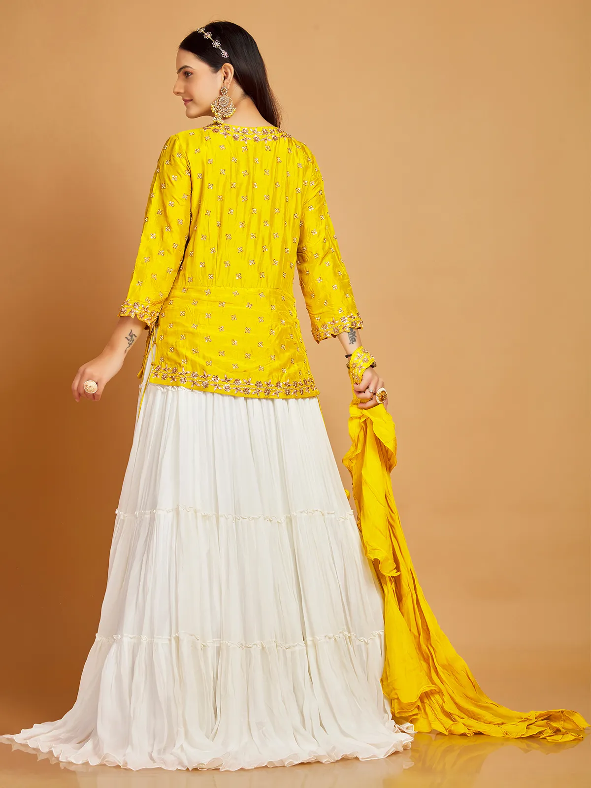 Floor length suit in yellow and white