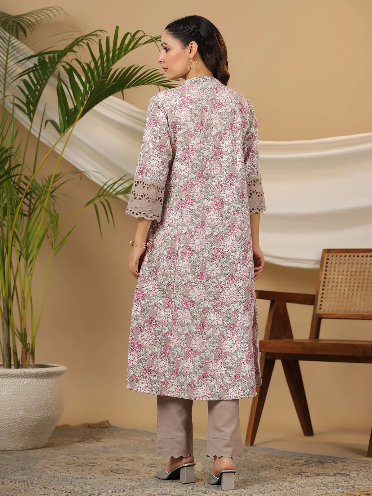 Floral printed beige kurti in cotton