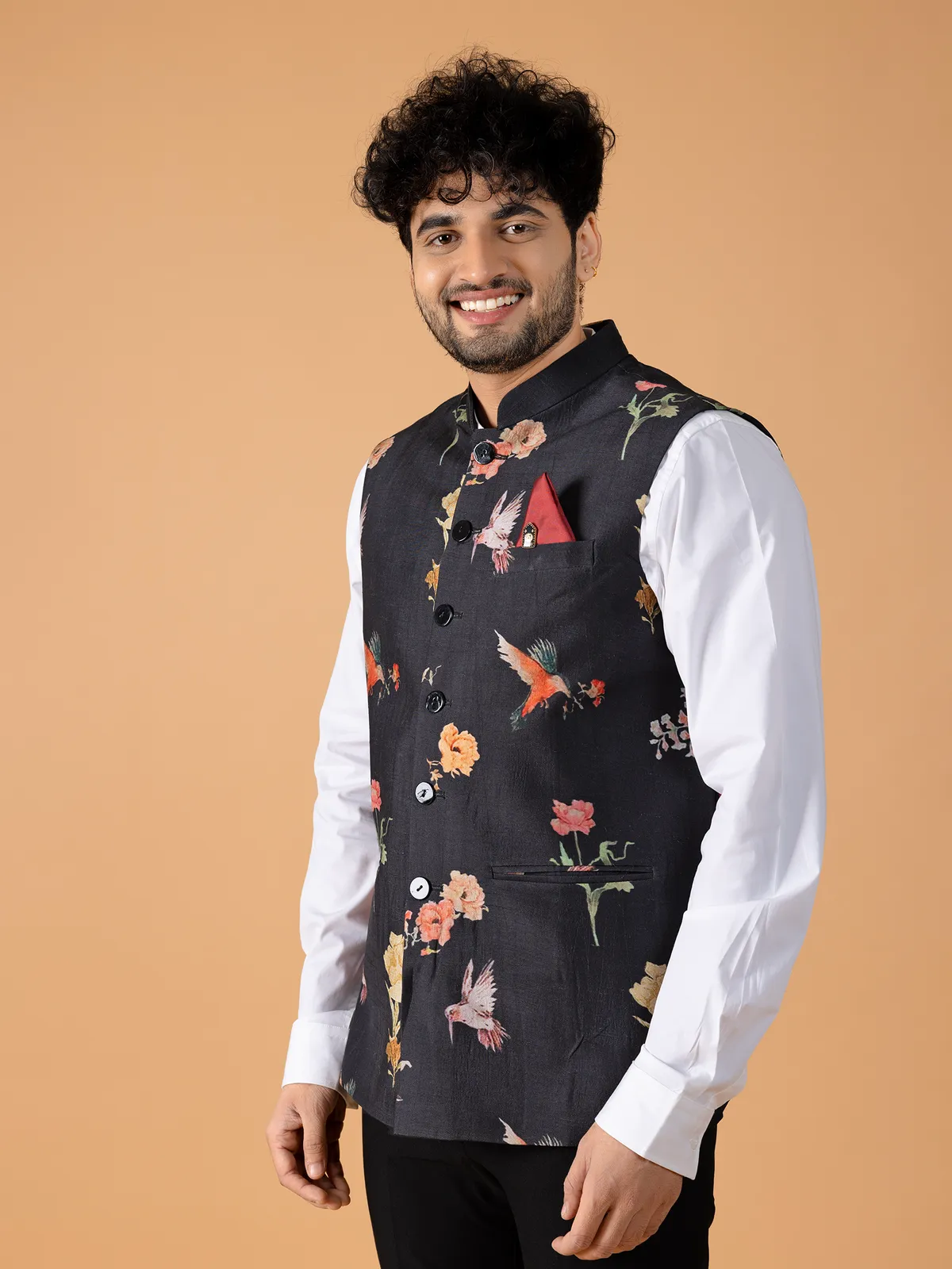 Floral printed black waistcoat