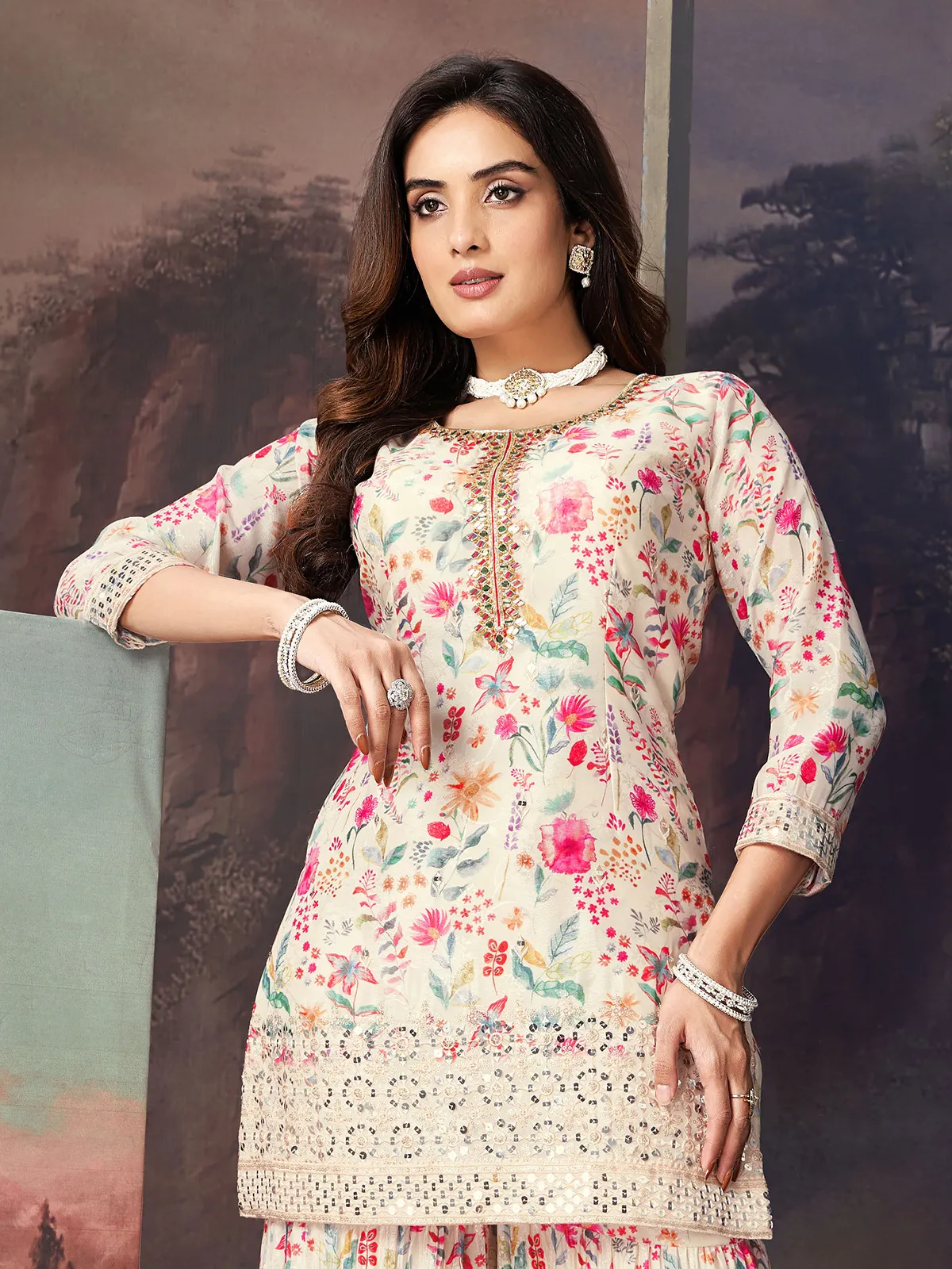 Floral printed cream silk sharara suit