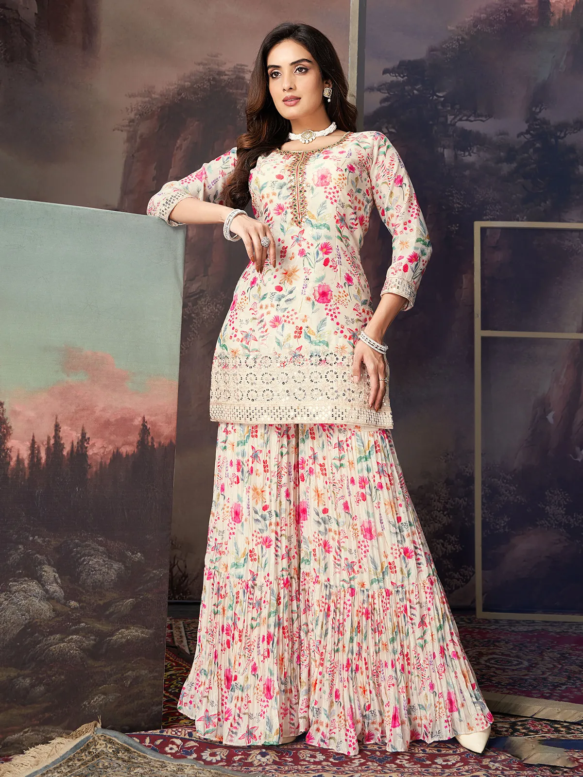 Floral printed cream silk sharara suit