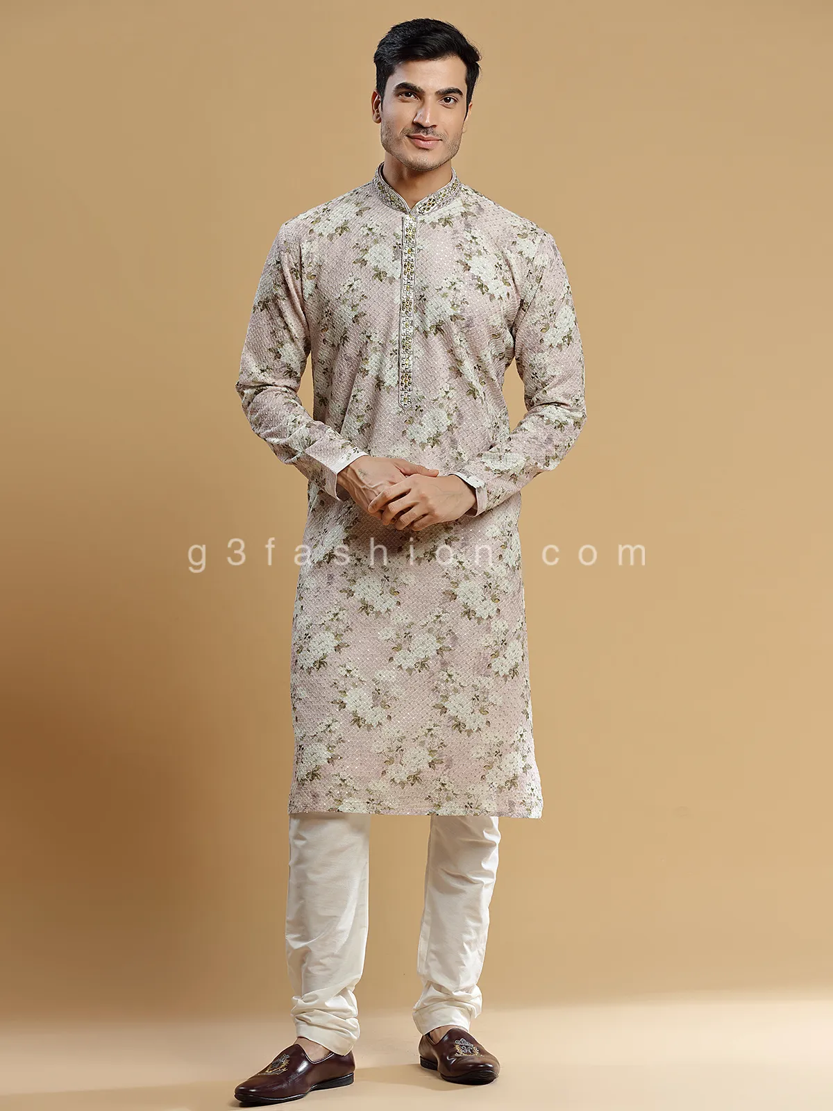 Floral printed dust pink georgette  Men Kurta pajama