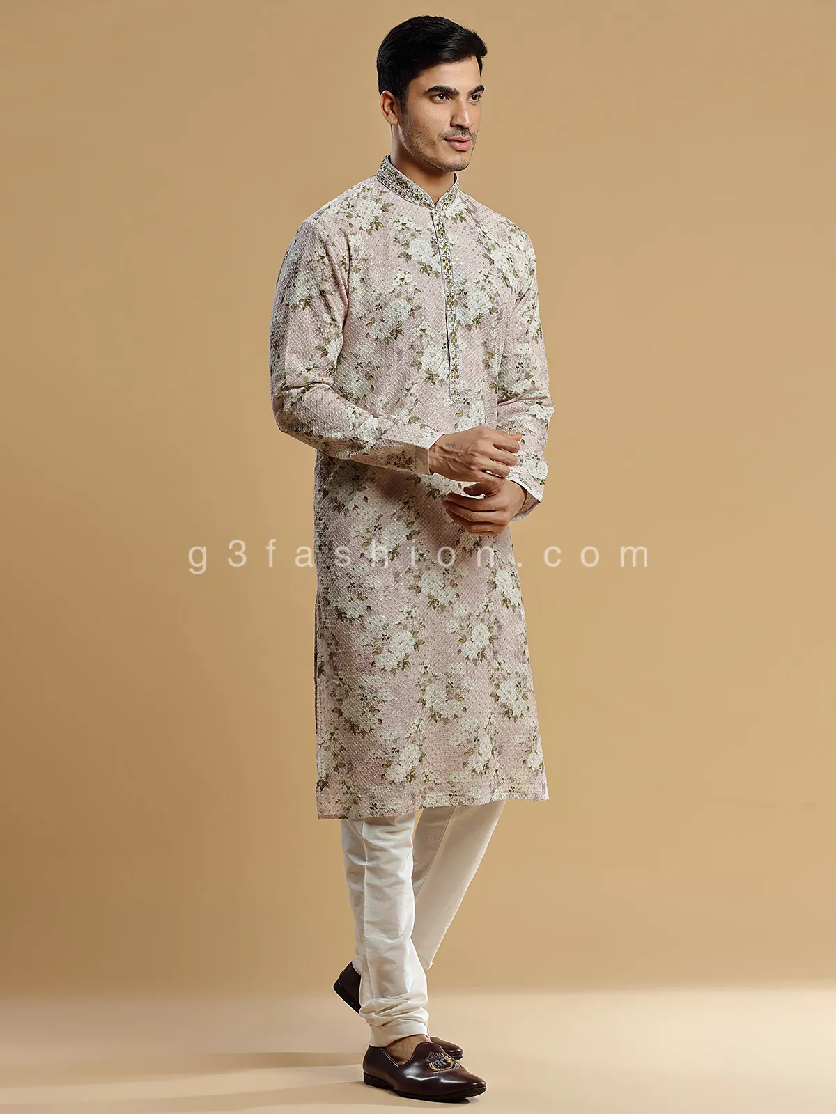 Floral printed dust pink georgette  Men Kurta pajama