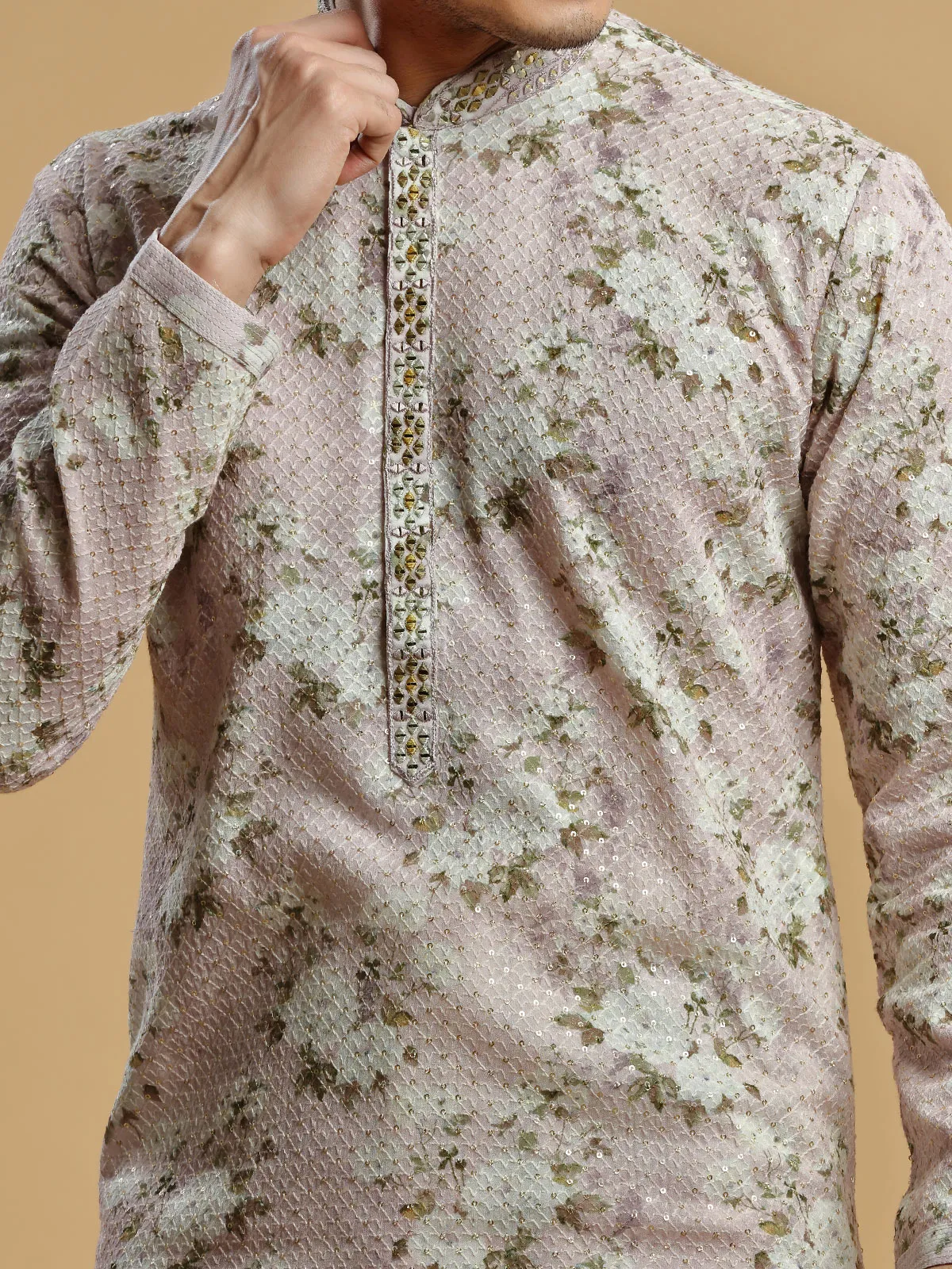 Floral printed dust pink georgette  Men Kurta pajama