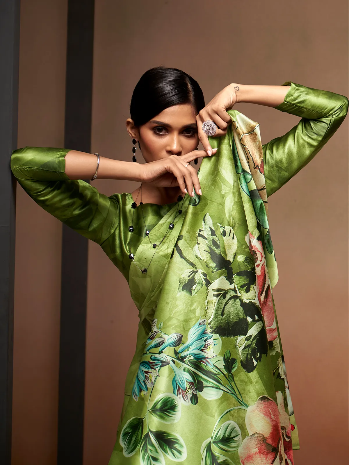 Floral printed green saree