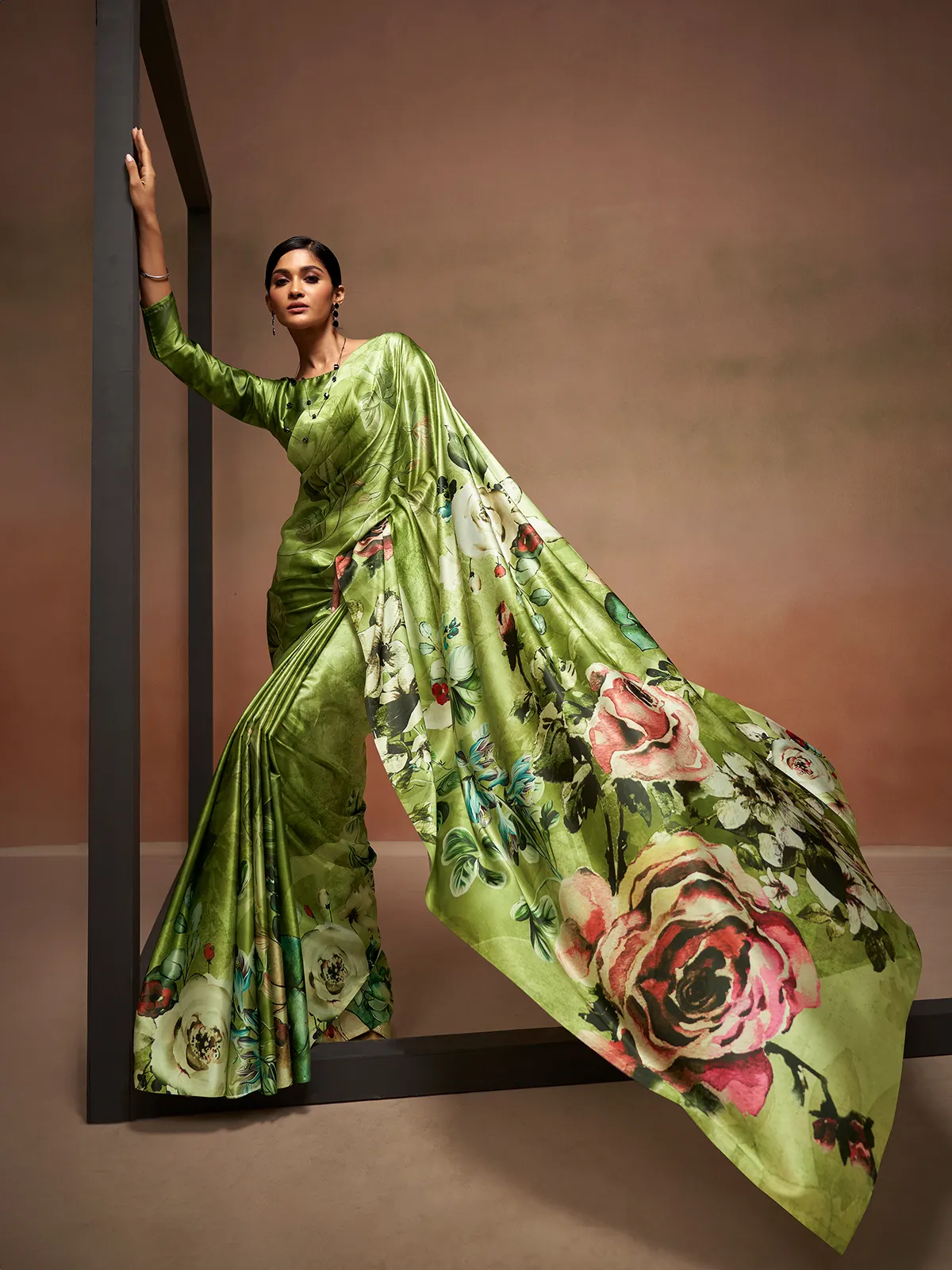 Floral printed green saree