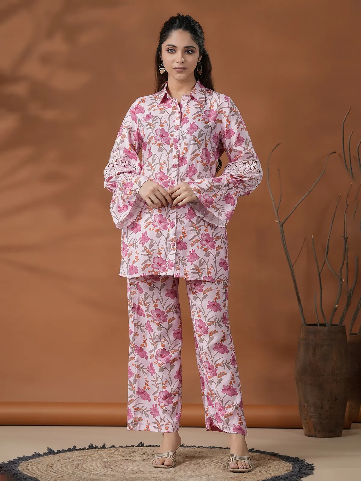 Floral printed light pink silk co ord set