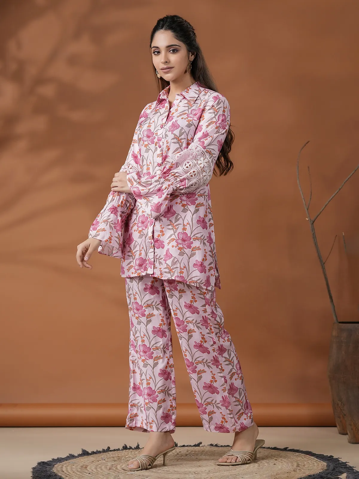 Floral printed light pink silk co ord set