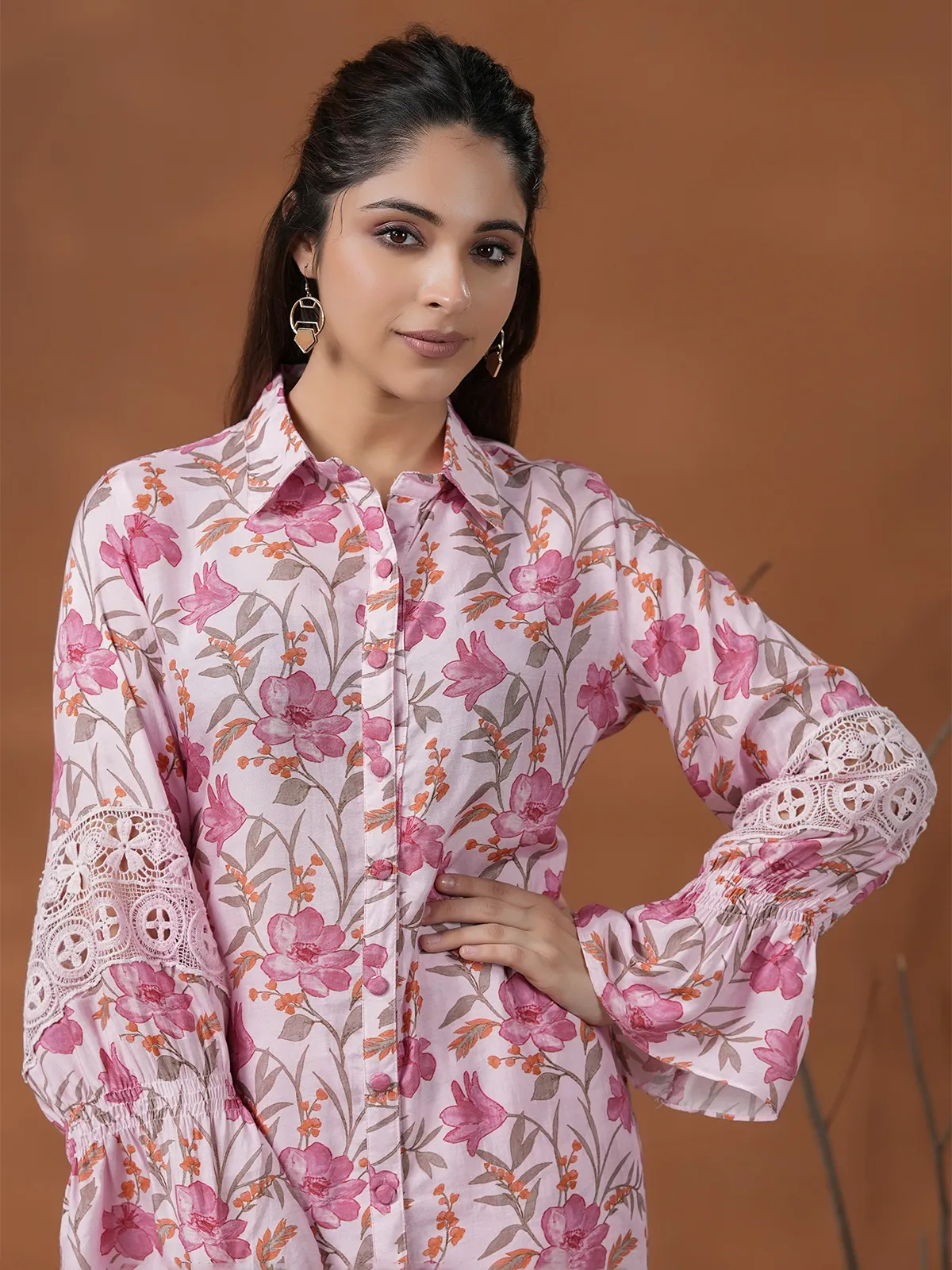 Floral printed light pink silk co ord set