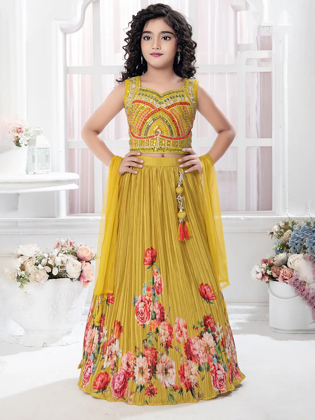 mustard yellow dress for haldi Floral printed mustard yellow silk lehenga choli for haldi