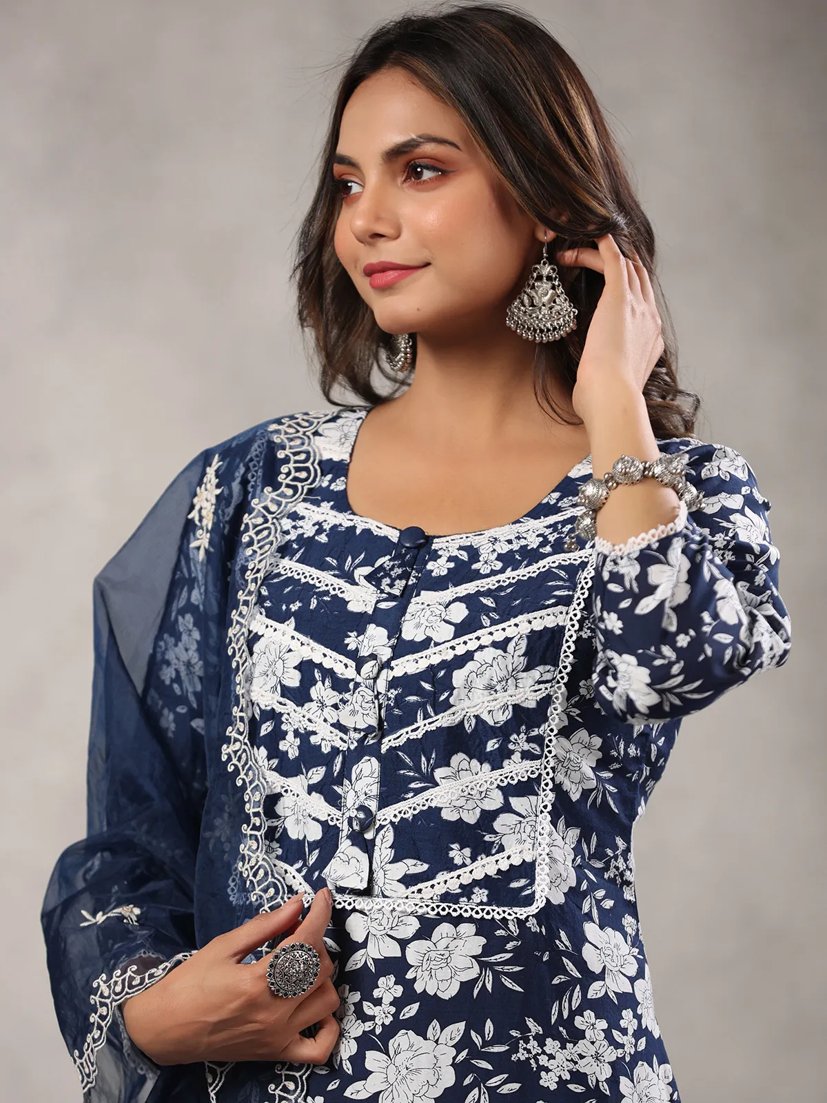 Floral printed navy silk kurti set