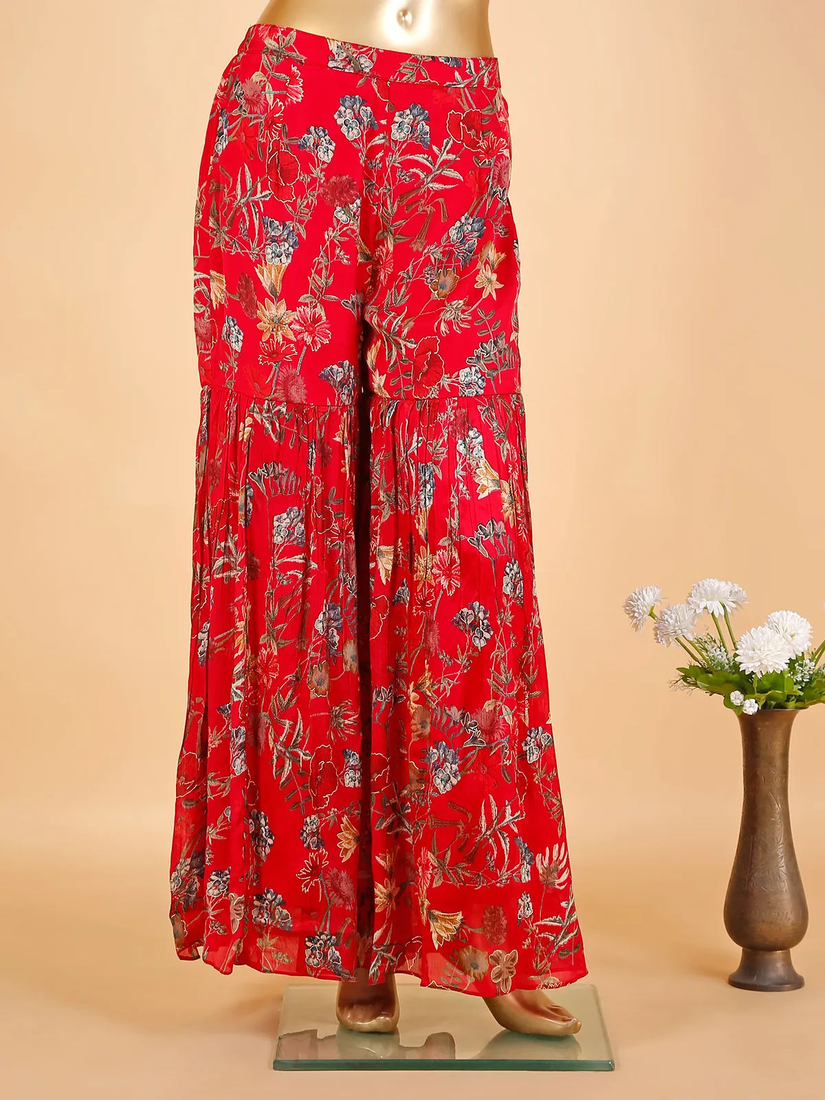 Floral printed red sharara suit with dupatta