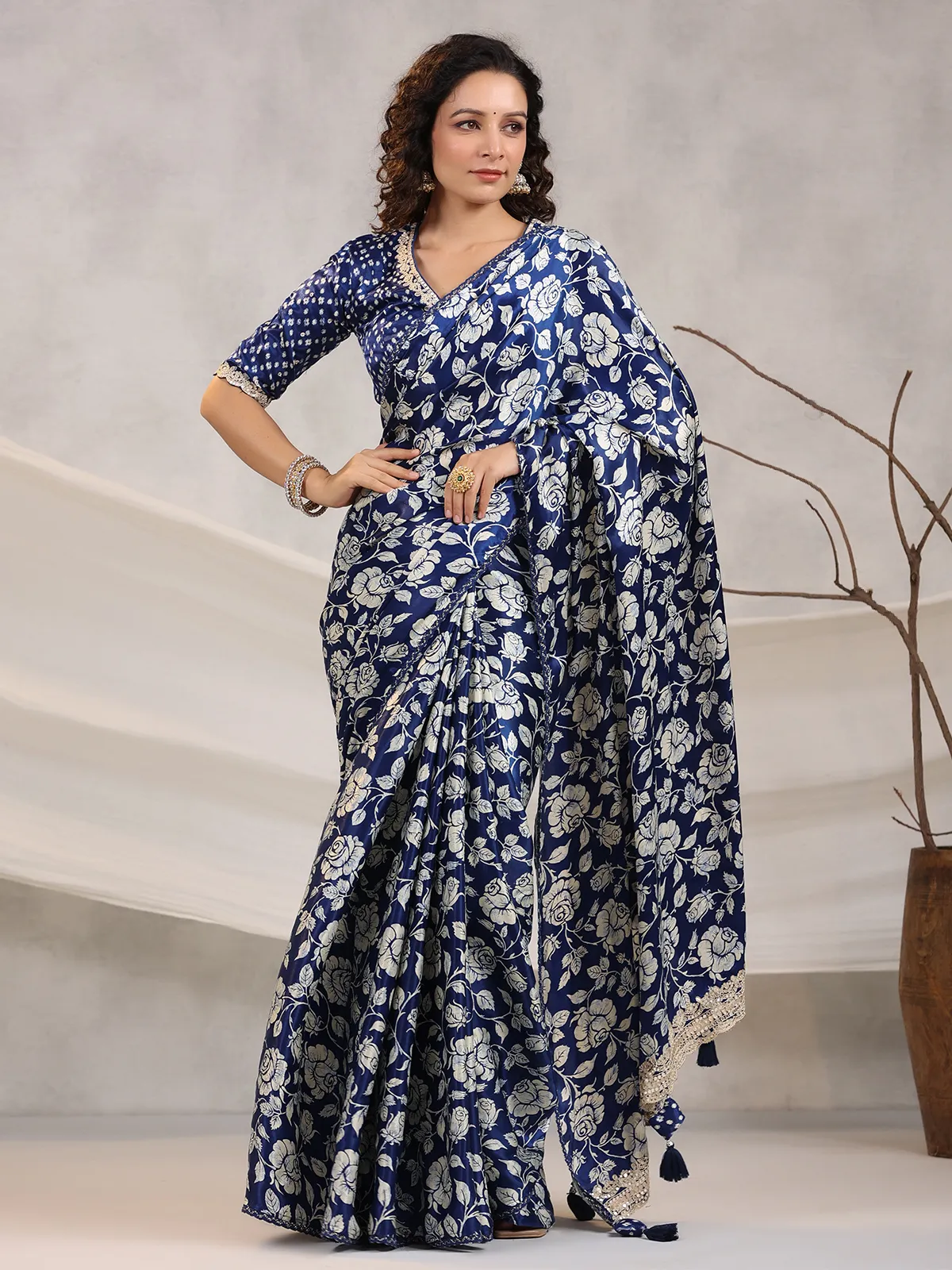 Floral printed royal blue saree