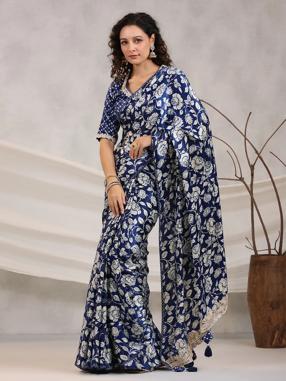Floral printed royal blue saree
