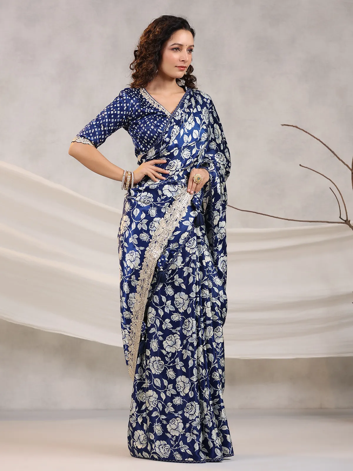 Floral printed royal blue saree