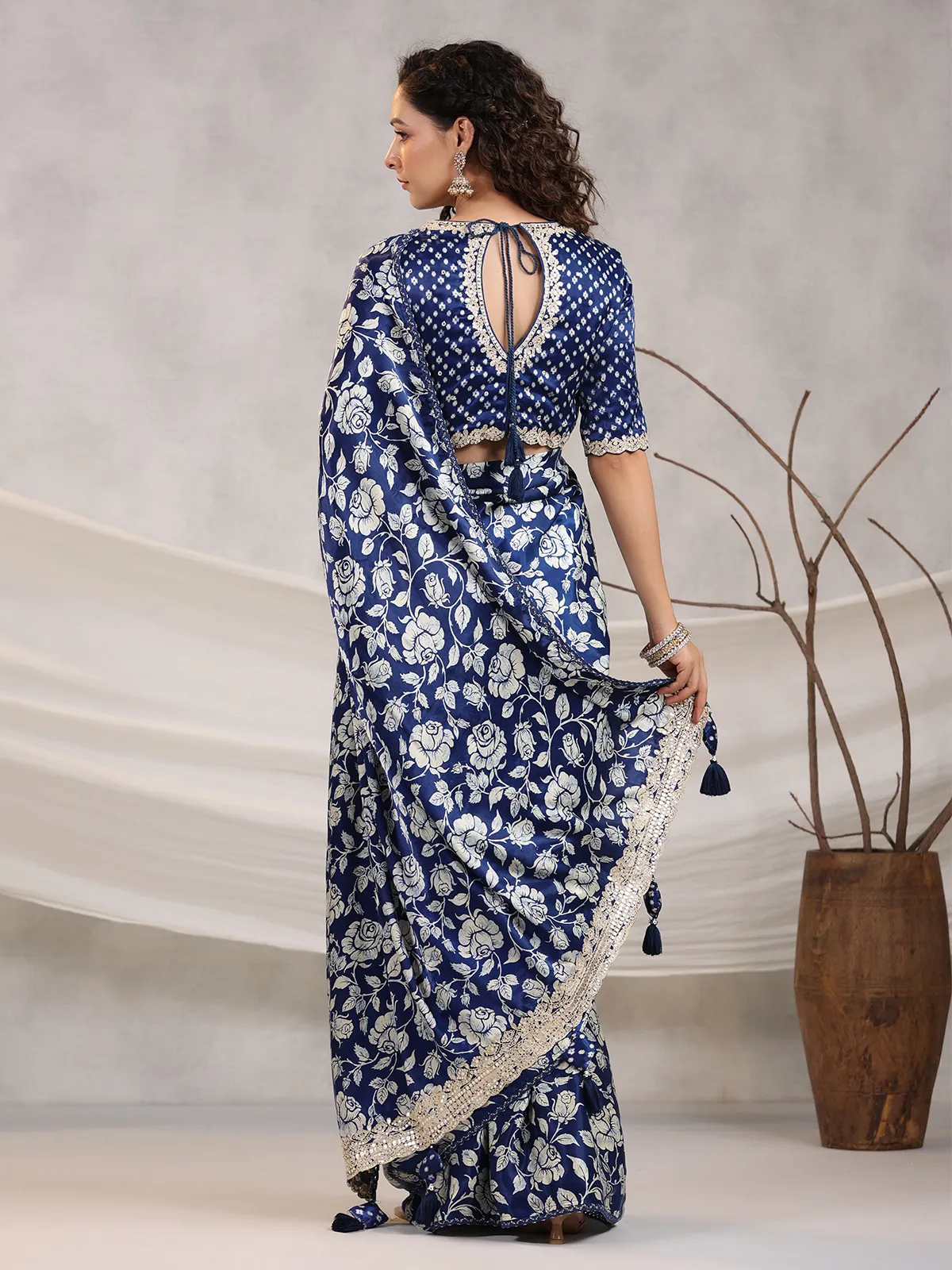 Floral printed royal blue saree