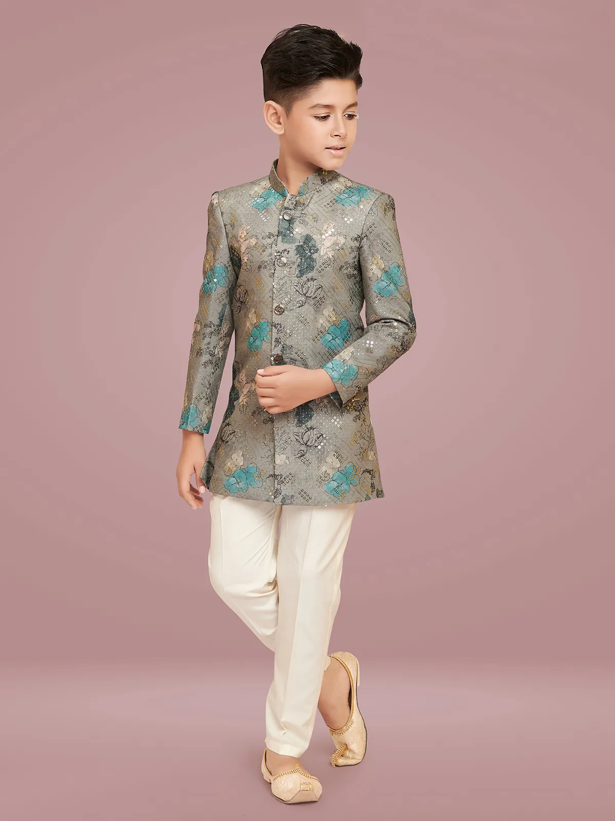 Floral printed silk grey indowestern