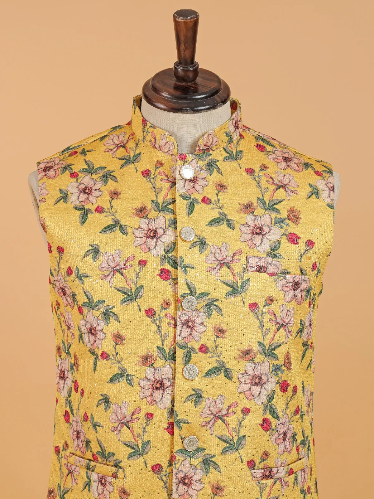 Floral printed yellow cotton silk waistcoat