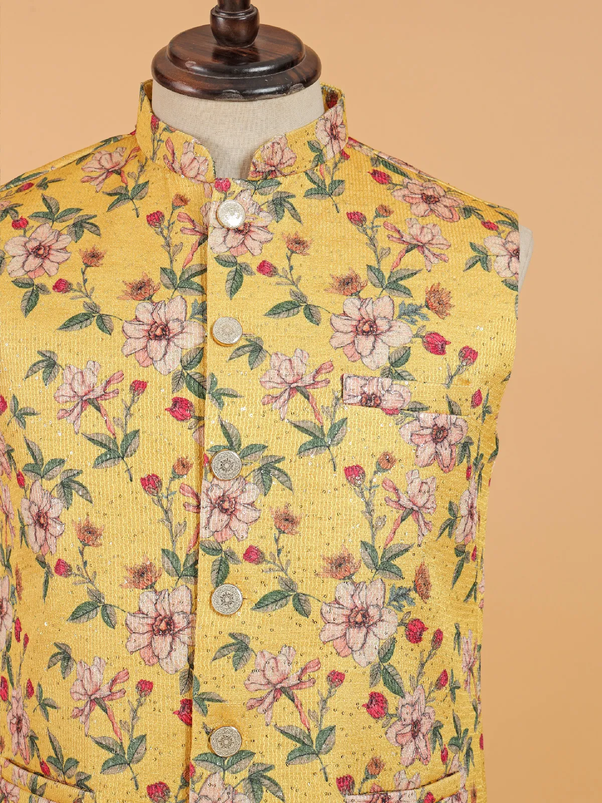 Floral printed yellow cotton silk waistcoat